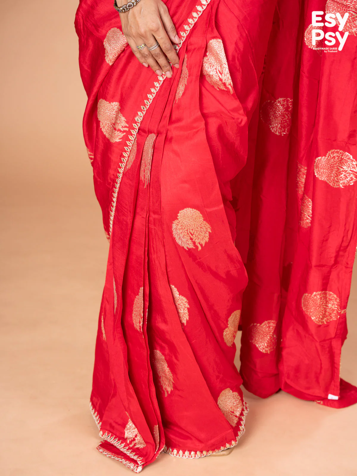 Red Raw Silk readymade saree with zari butta readymade blouse - Image 4
