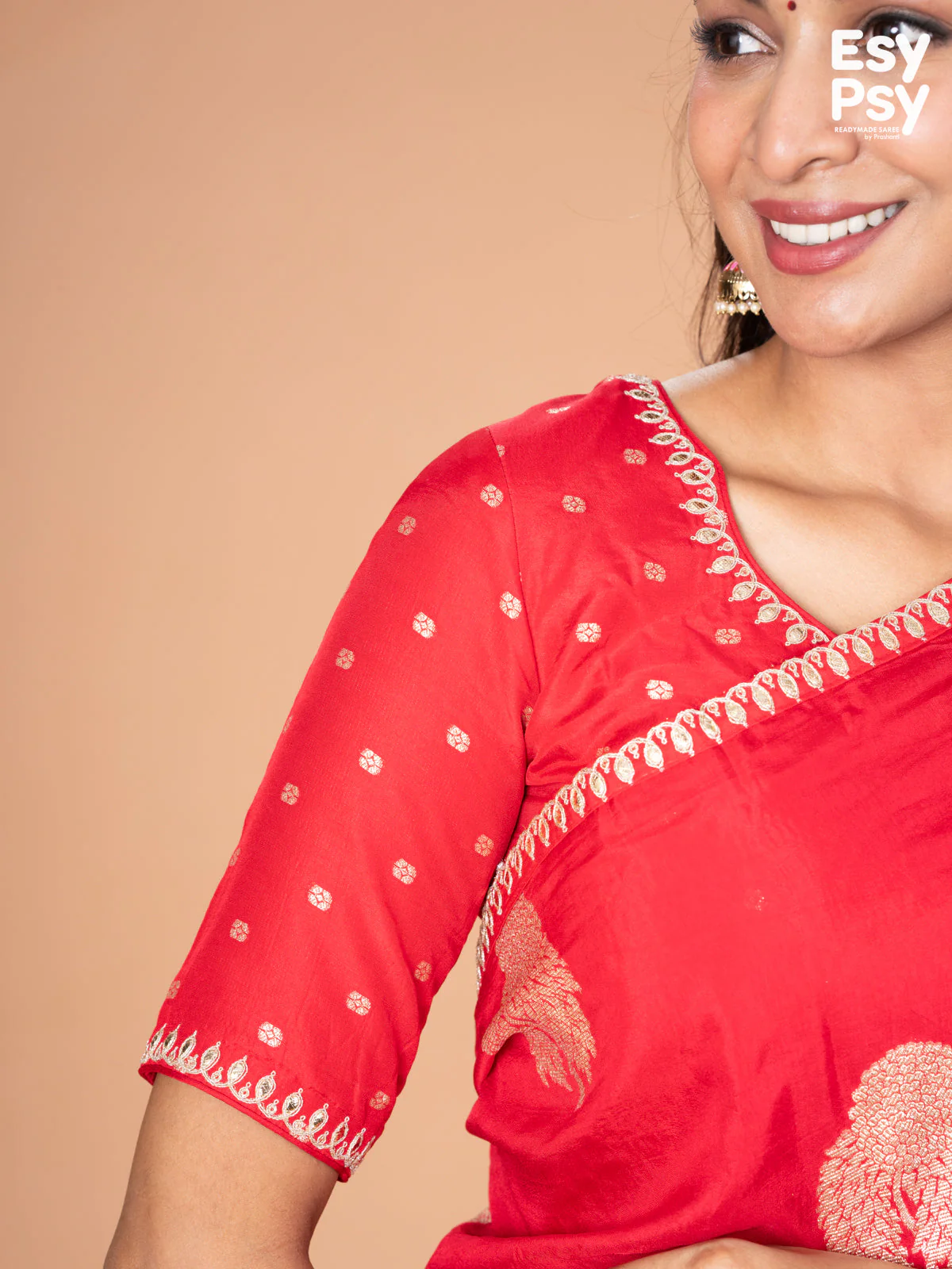 Red Raw Silk readymade saree with zari butta readymade blouse - Image 5