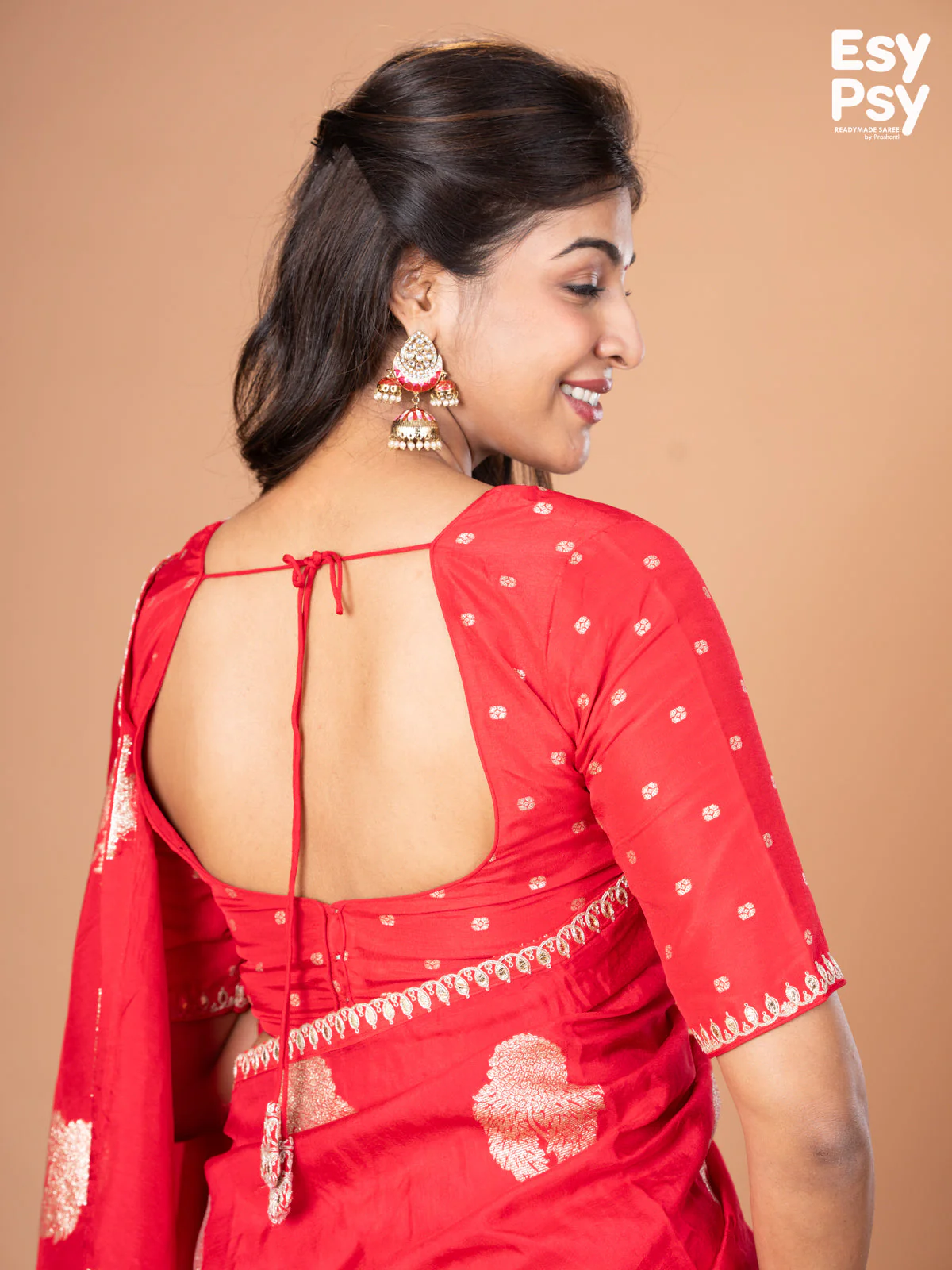 Red Raw Silk readymade saree with zari butta readymade blouse - Image 6