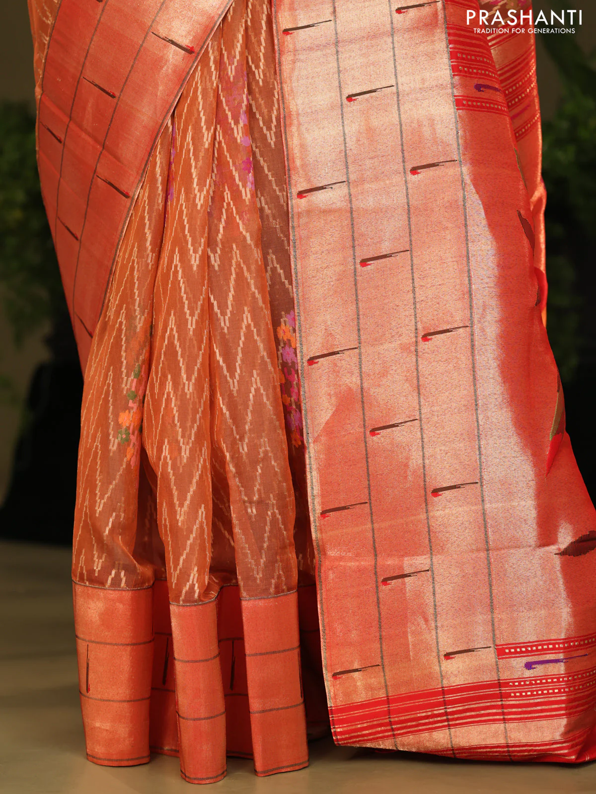 Rust & Red Pure Zari Kota saree with muniya border & paithani pallu - Image 5