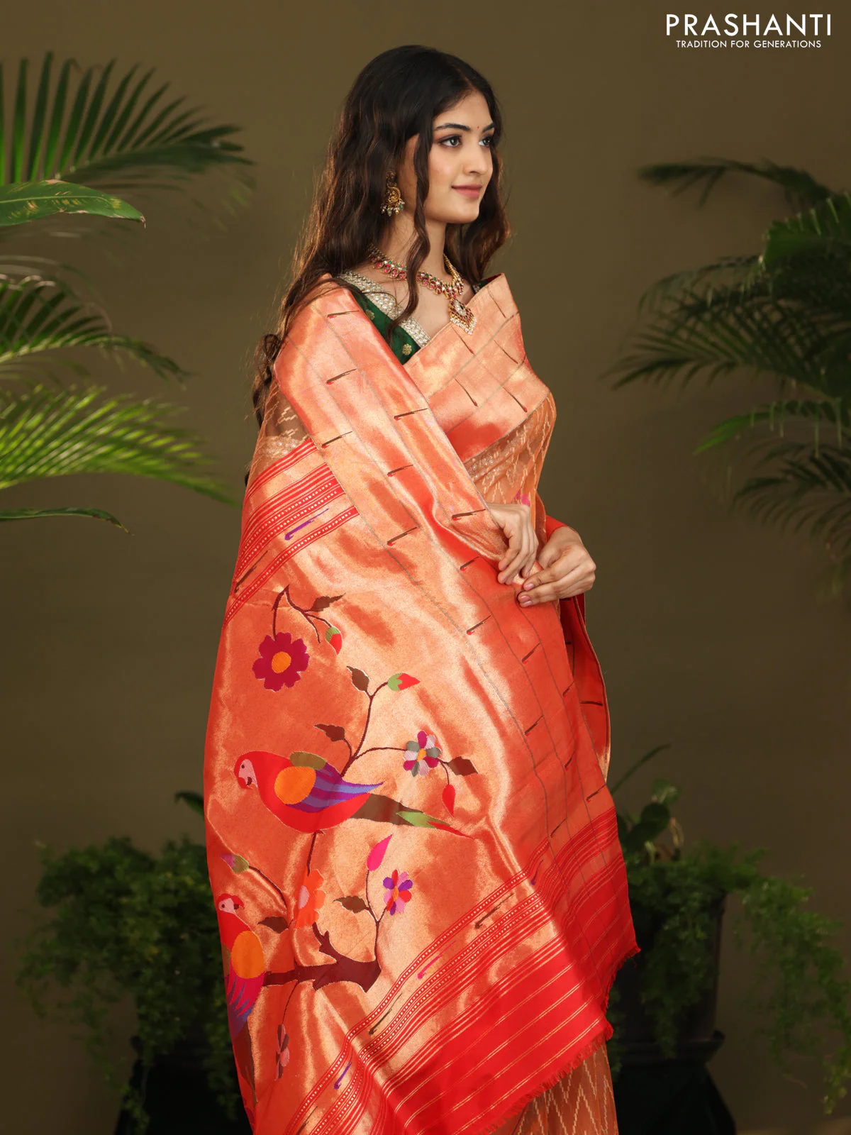 Rust & Red Pure Zari Kota saree with muniya border & paithani pallu - Image 7