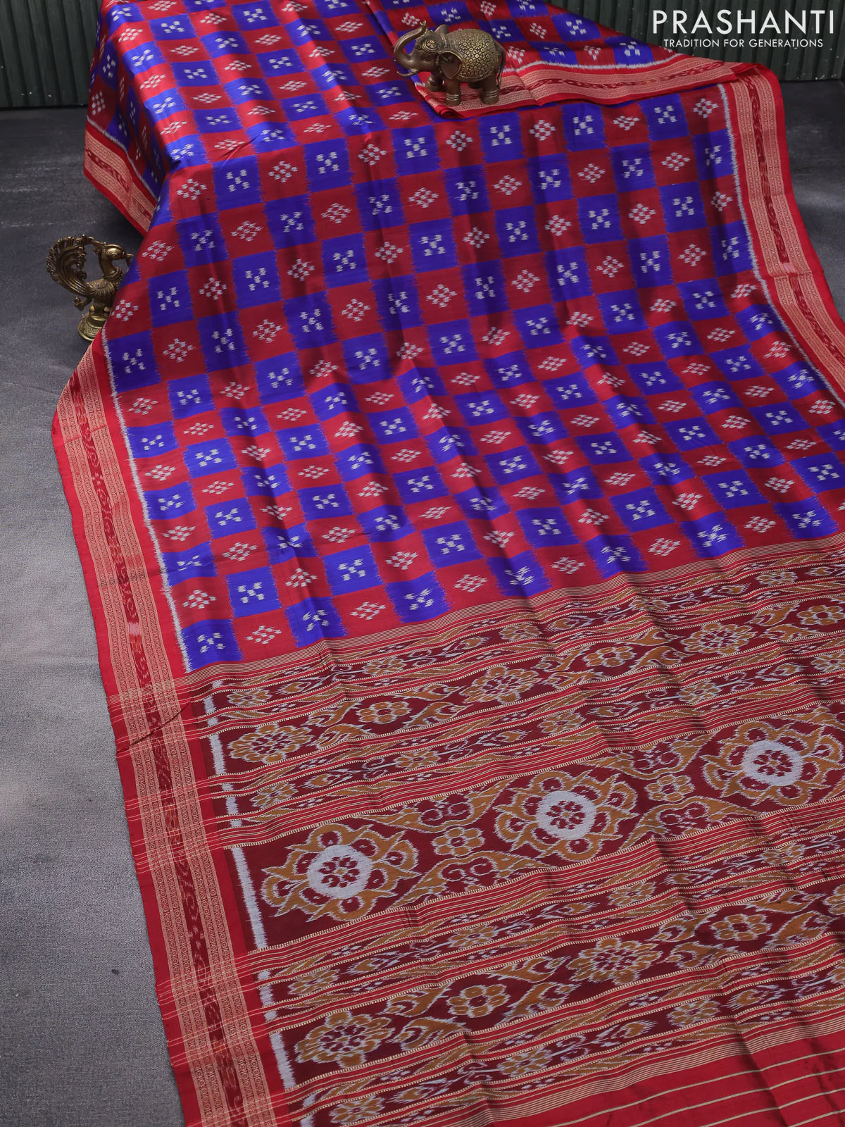 Sambalpuri ikat silk saree blue and maroon with allover ikat butta weaves and thread woven ikat style border without blouse - Image 2