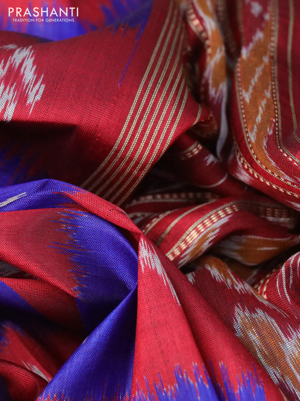 Sambalpuri ikat silk saree blue and maroon with allover ikat butta weaves and thread woven ikat style border without blouse - Image 3