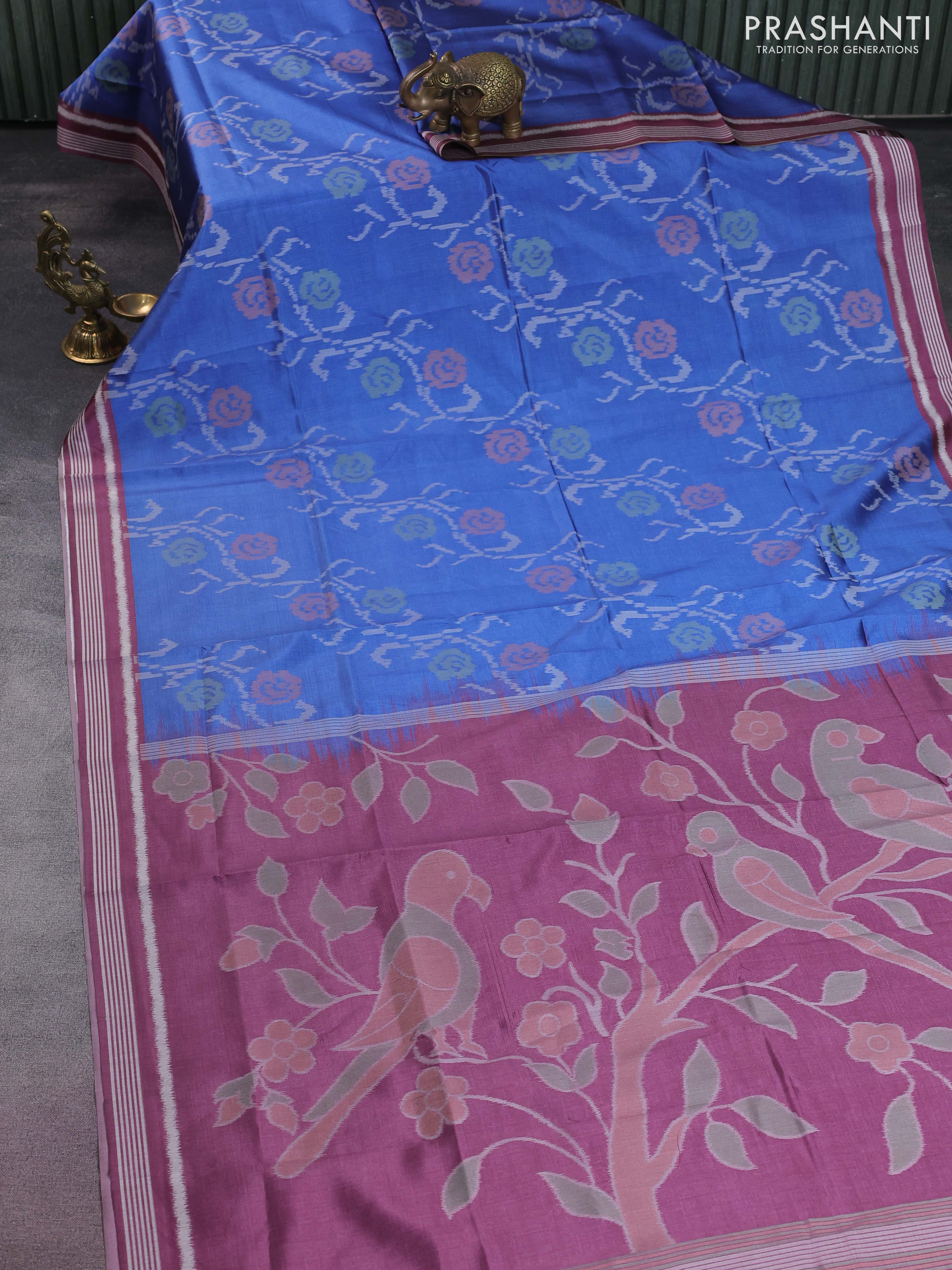 Sambalpuri semi silk saree blue and mauve pink with allover ikat weaves and thread woven border - Image 2