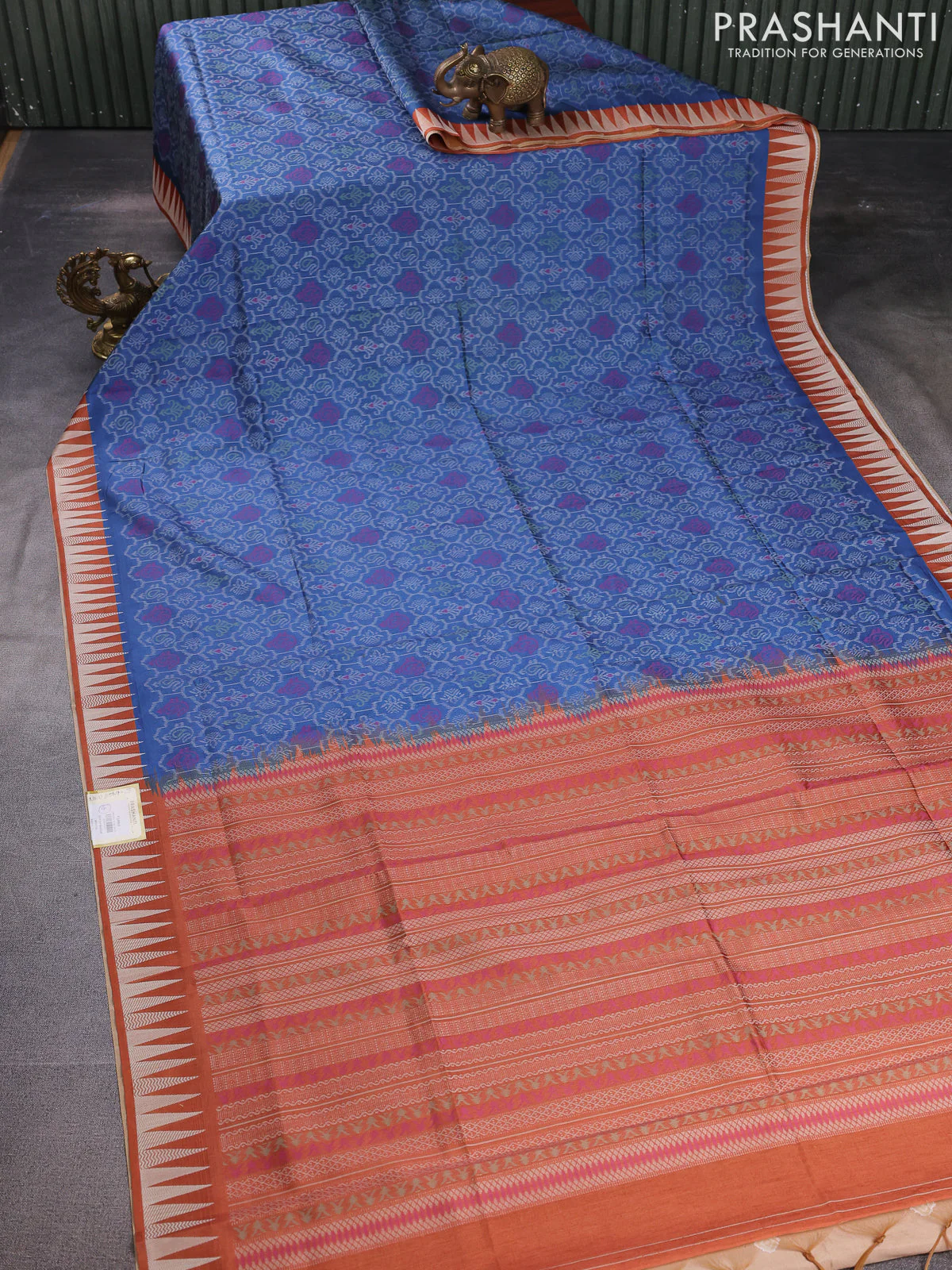 Sambalpuri semi silk saree blue and orange with allover ikat weaves and thread woven border - Image 2