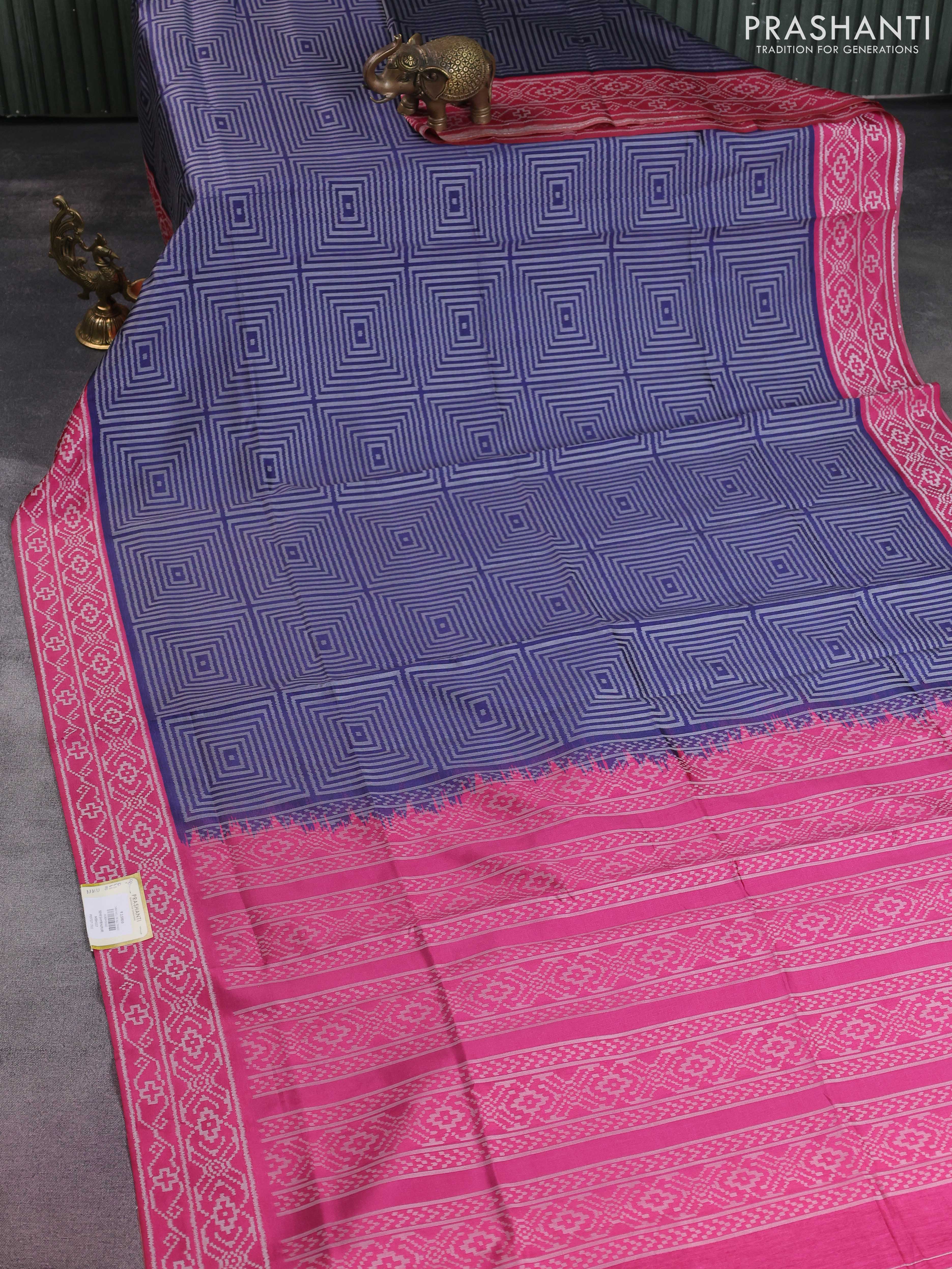 Sambalpuri semi silk saree blue and pink with allover geometric ikat weaves and thread woven border - Image 2