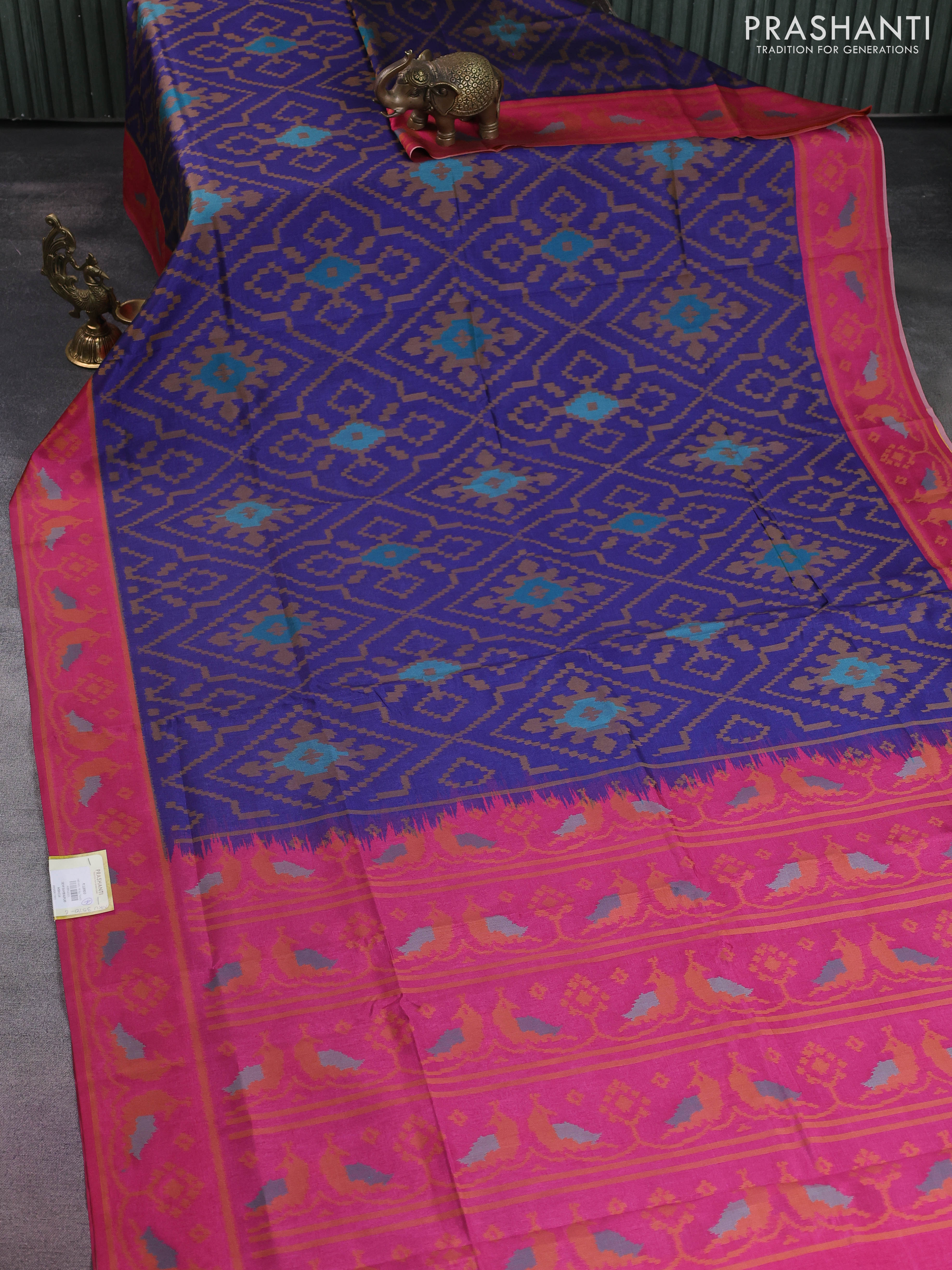 Sambalpuri semi silk saree blue and pink with allover ikat weaves and thread woven border - Image 2