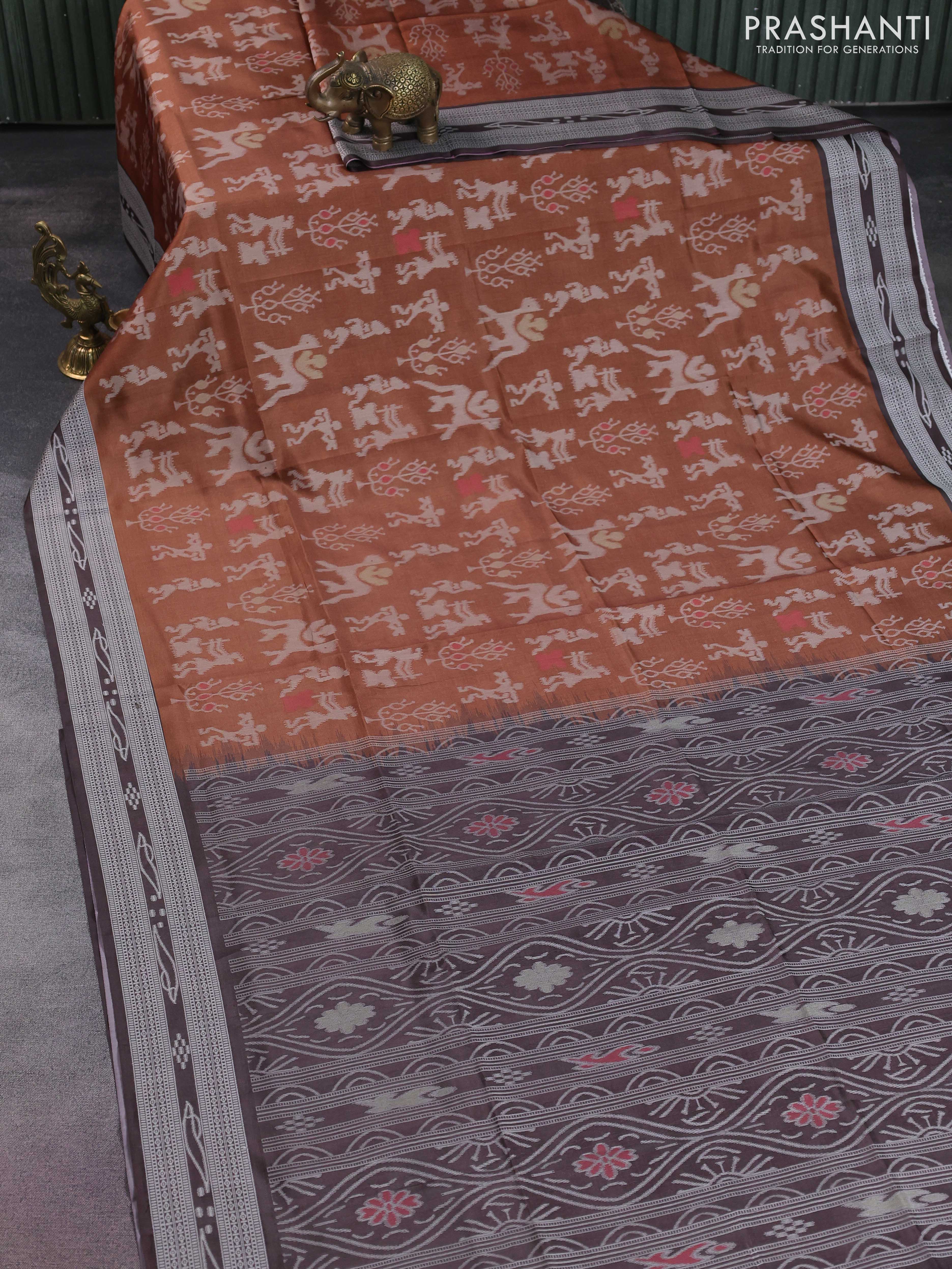 Sambalpuri semi silk saree brown and coffee brown with allover warli ikat weaves and thread woven border - Image 2