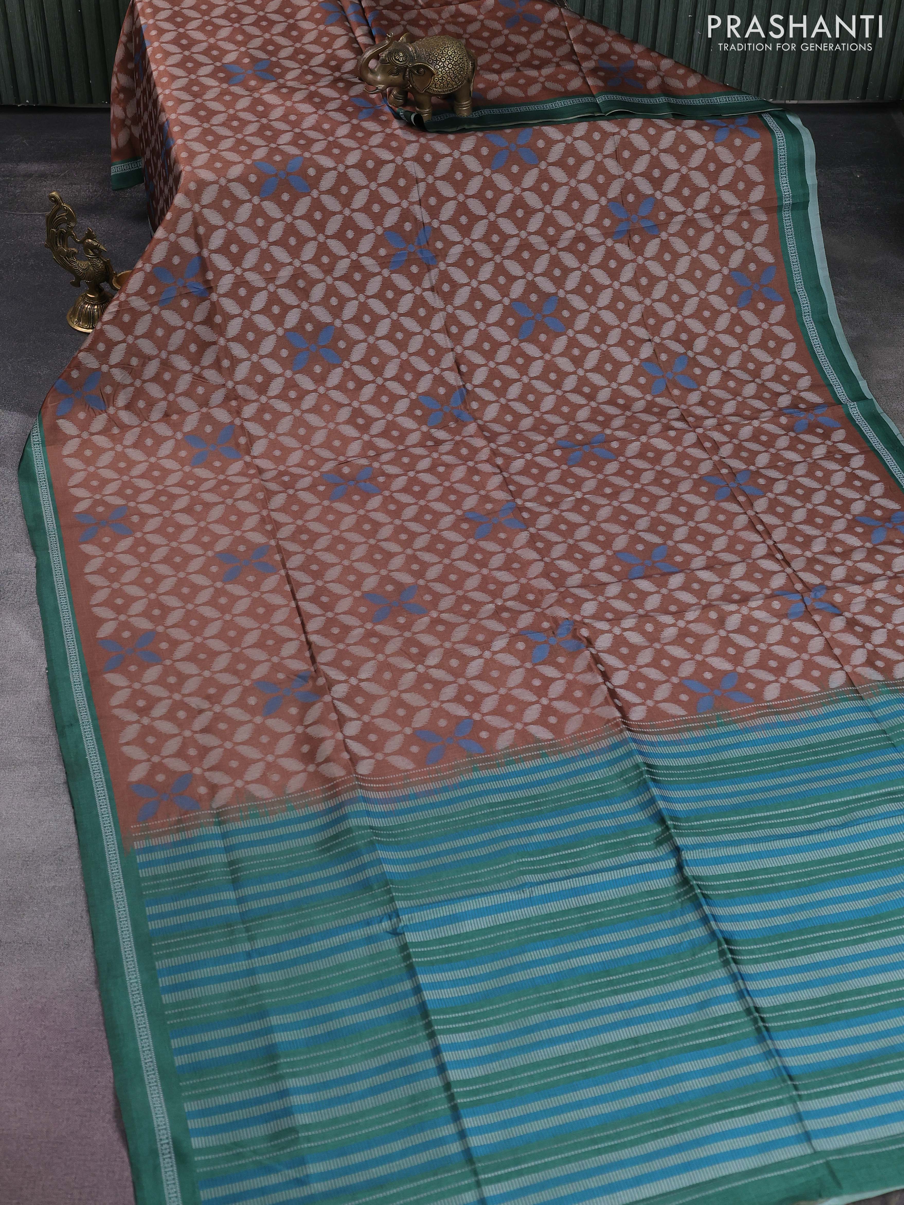 Sambalpuri semi silk saree brown shade and green with allover ikat weaves and thread woven border - Image 2