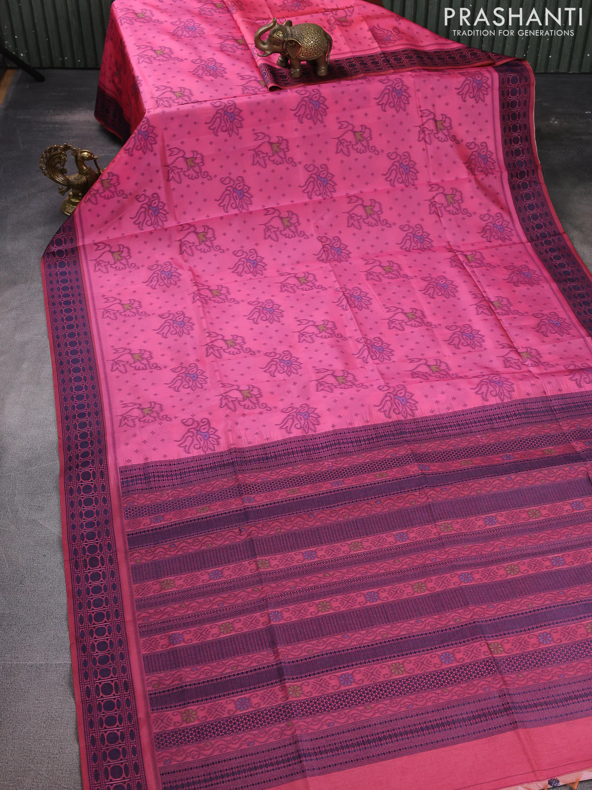 Sambalpuri semi silk saree candy pink and blue with allover ikat weaves and thread woven border - Image 2