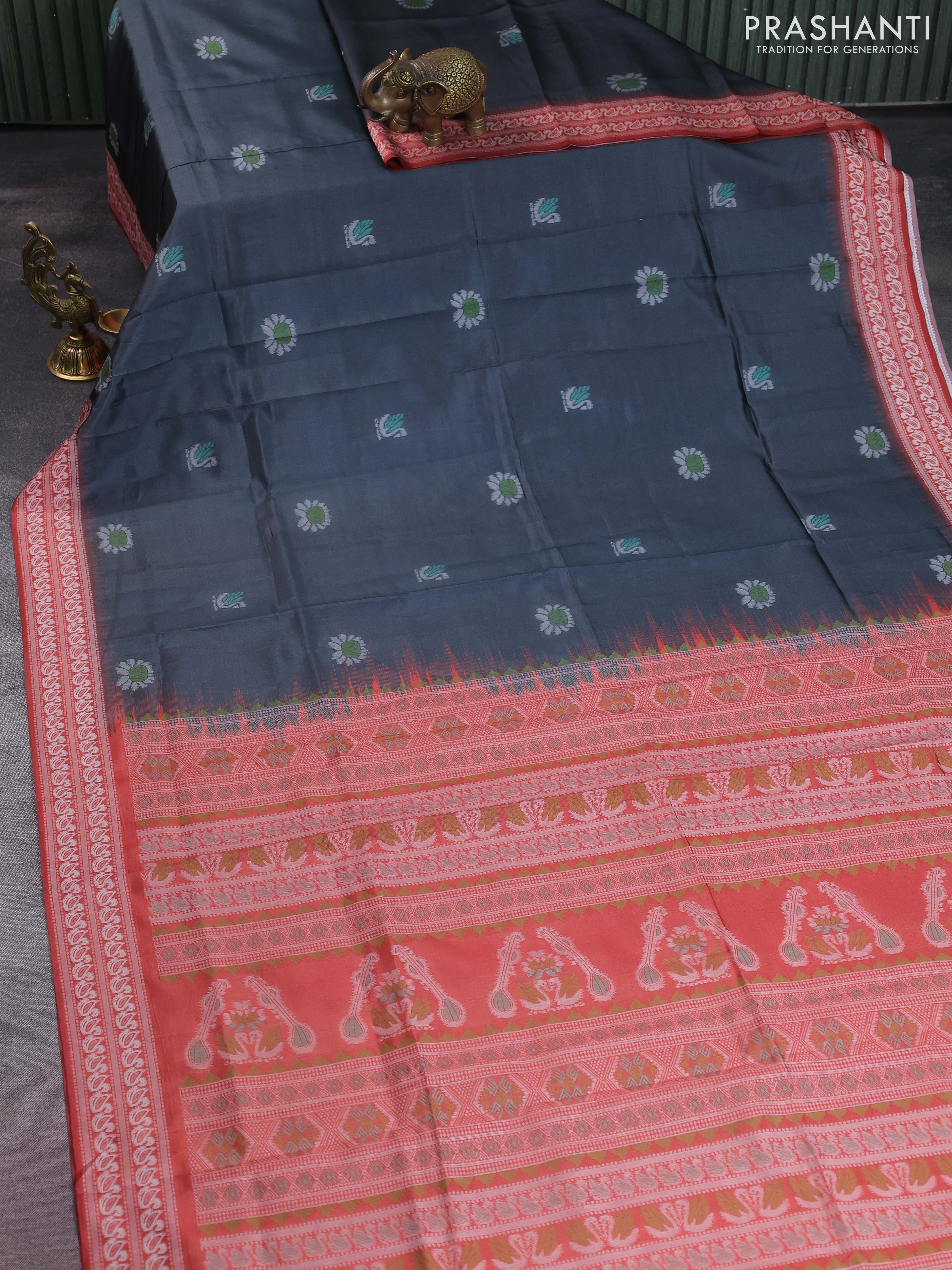 Sambalpuri semi silk saree elephant grey and orange with allover ikat butta weaves and thread woven border - Image 2