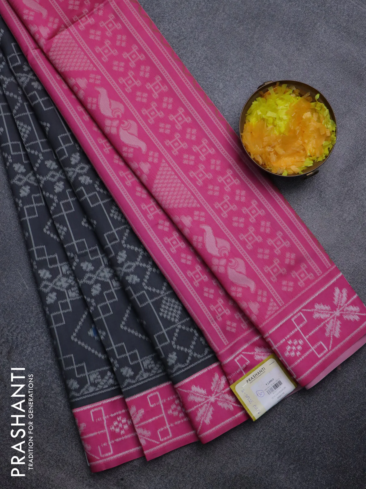 Sambalpuri semi silk saree elephant grey and pink with allover ikat weaves and thread woven border