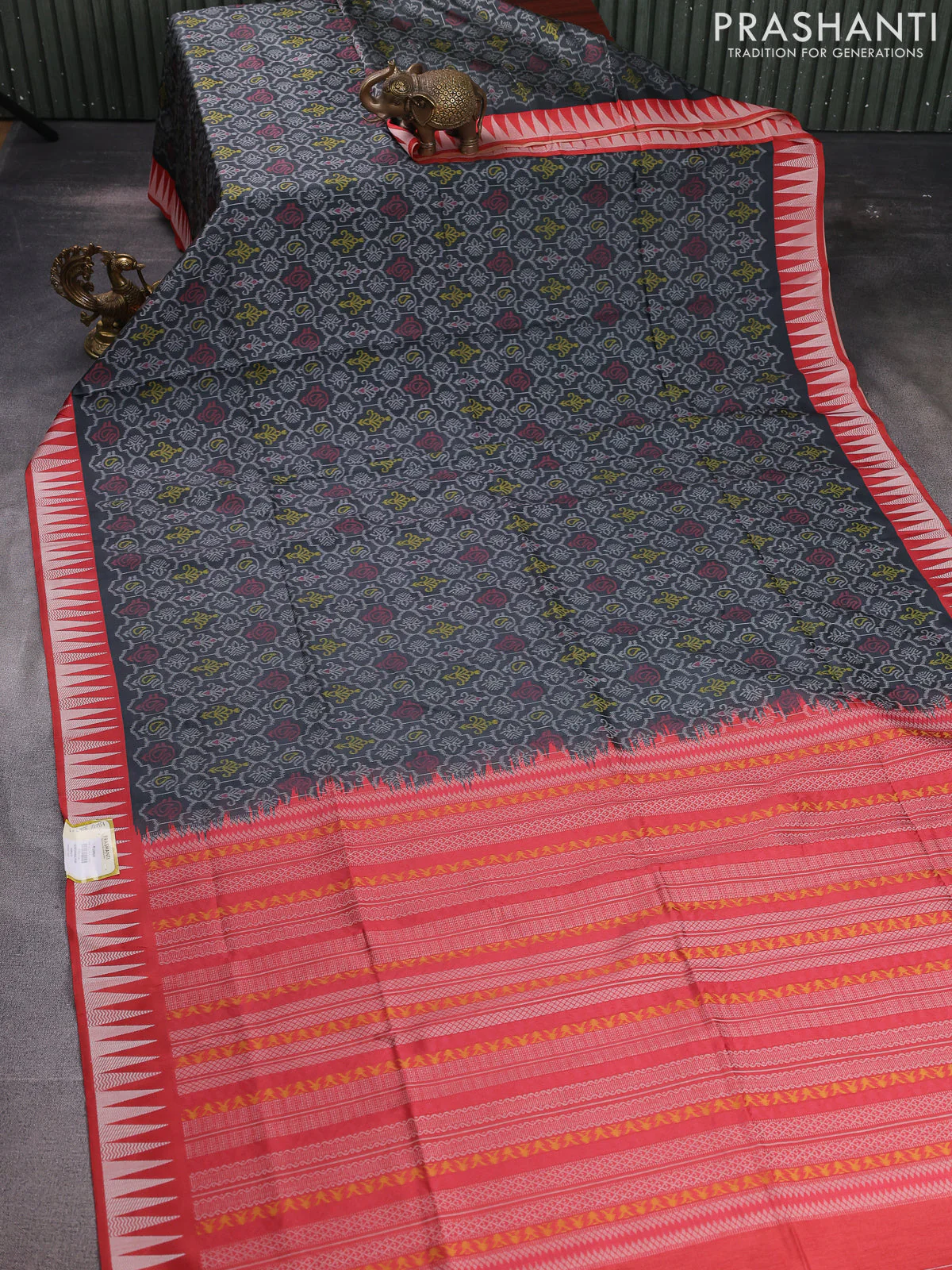 Sambalpuri semi silk saree elephant grey and red shade with allover ikat weaves and thread woven border - Image 2