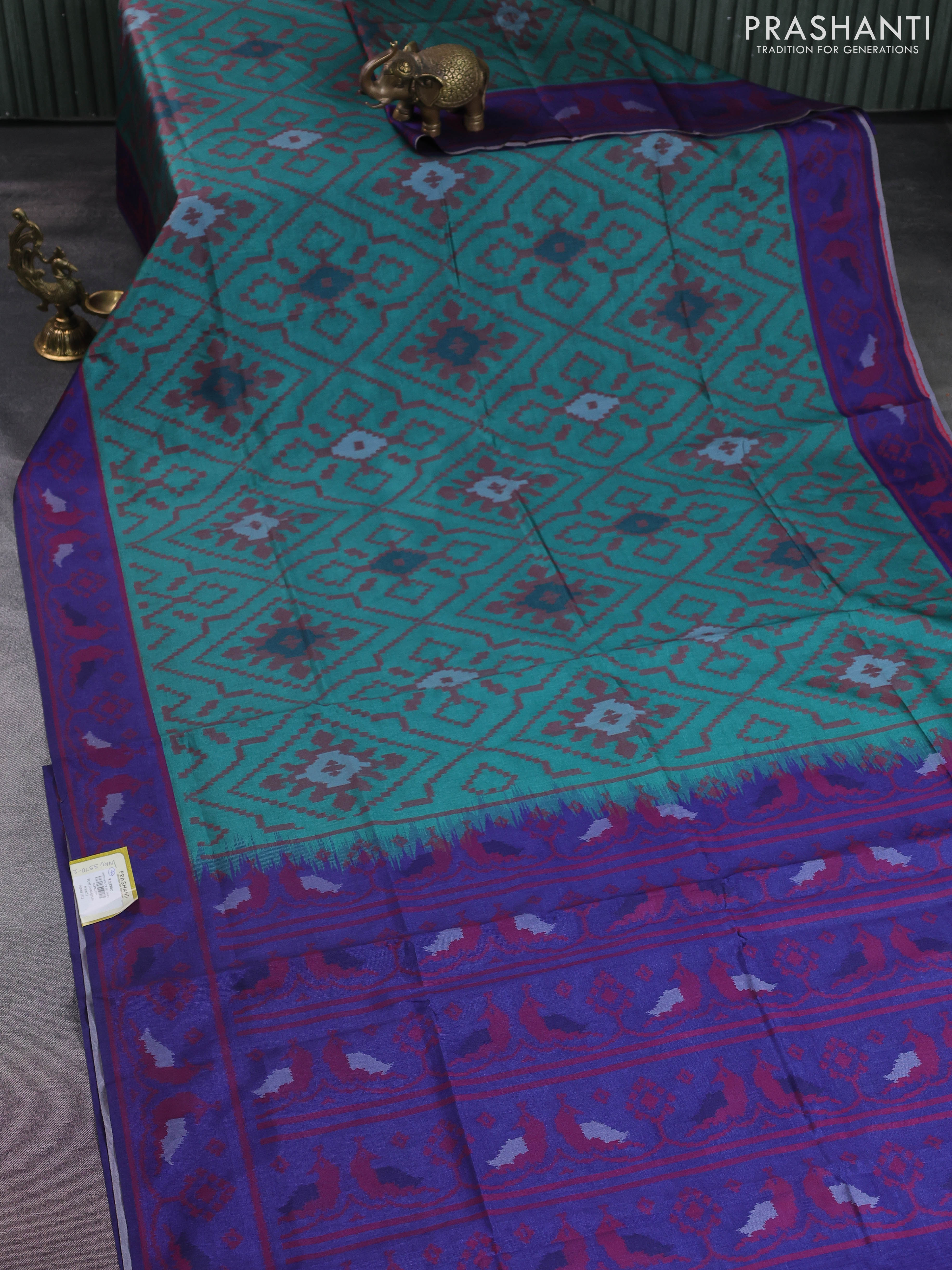 Sambalpuri semi silk saree green and blue with allover ikat weaves and thread woven border - Image 2