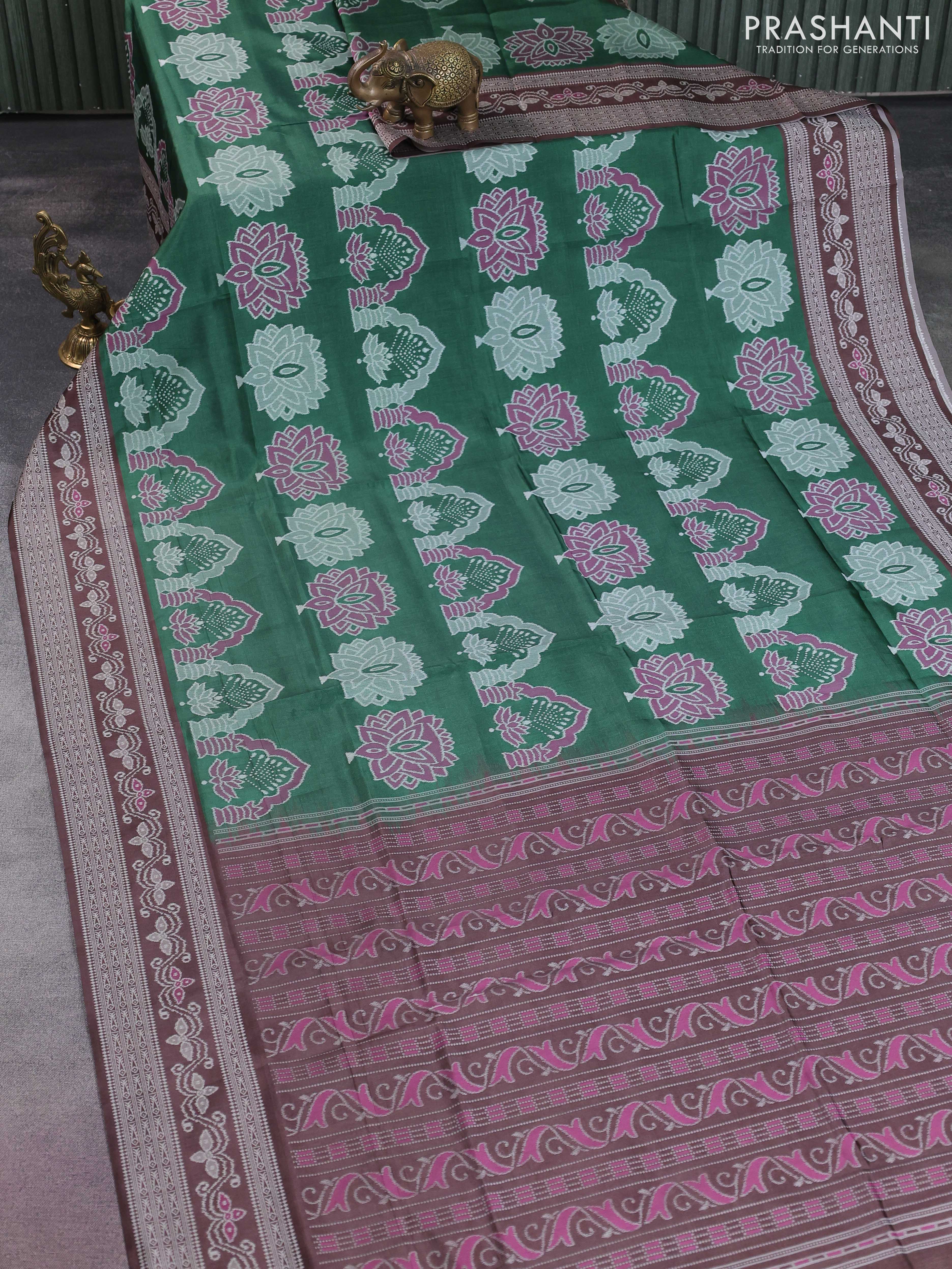 Sambalpuri semi silk saree green and brown with allover ikat weaves and thread woven border - Image 2