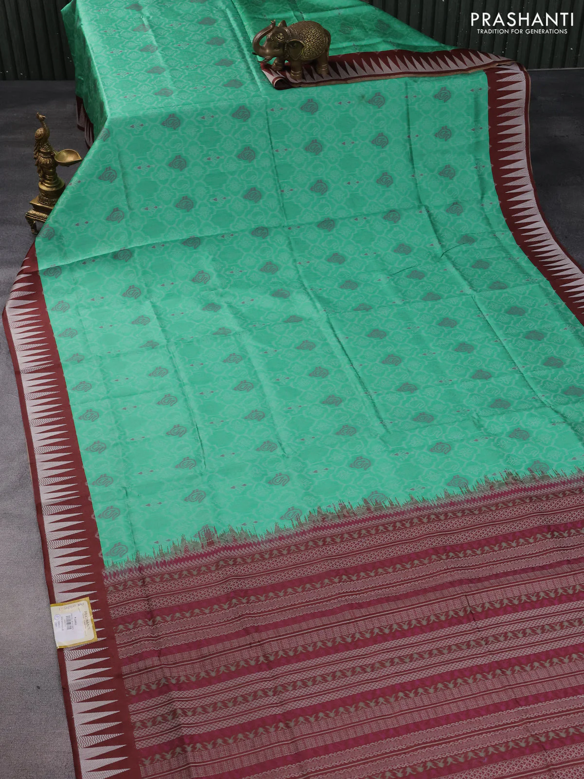 Sambalpuri semi silk saree green and brown with allover thread woven ikat weaves and temple woven border - Image 2