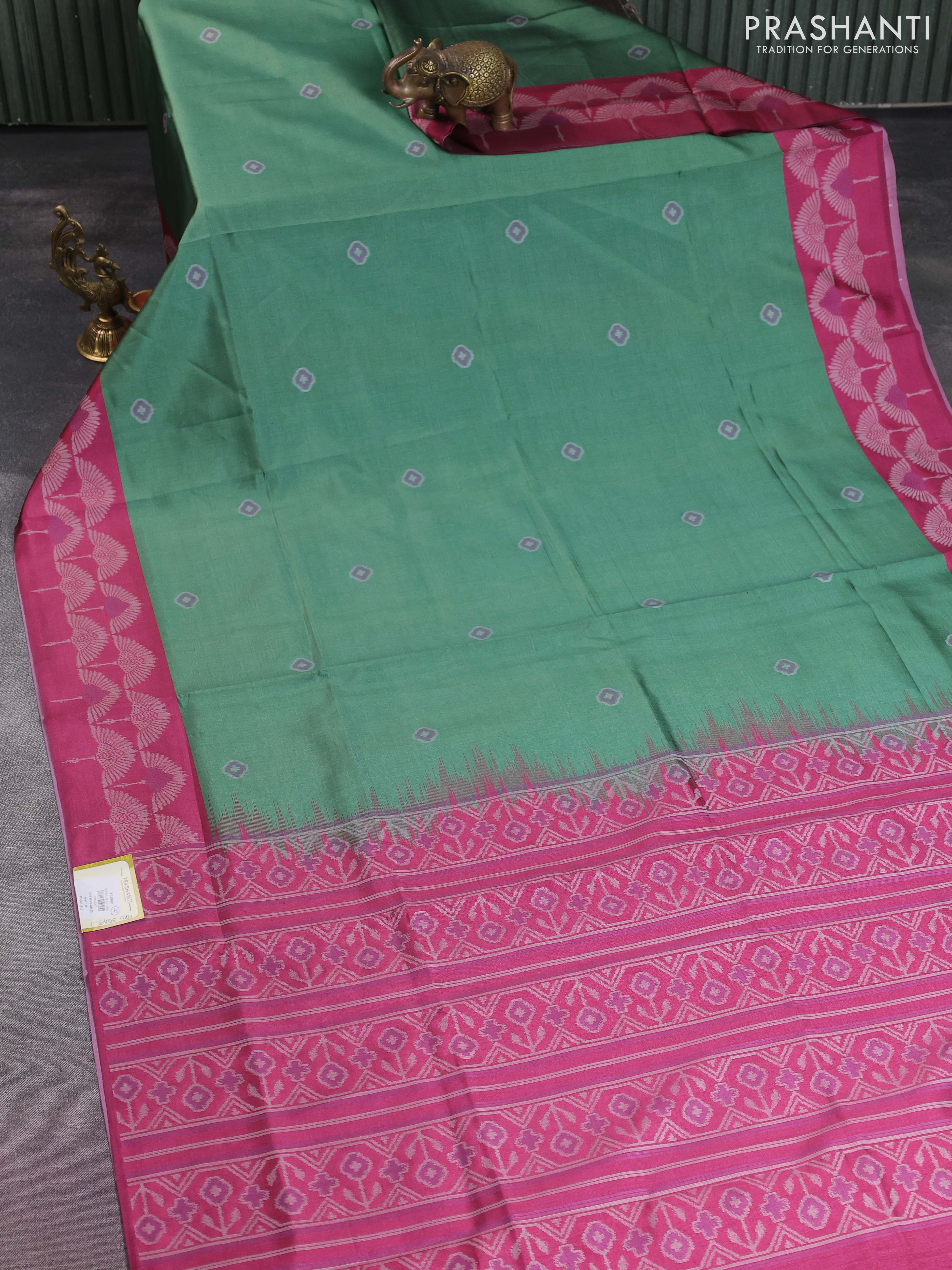 Sambalpuri semi silk saree green and magenta pink with allover ikat butta weaves and thread woven border - Image 2