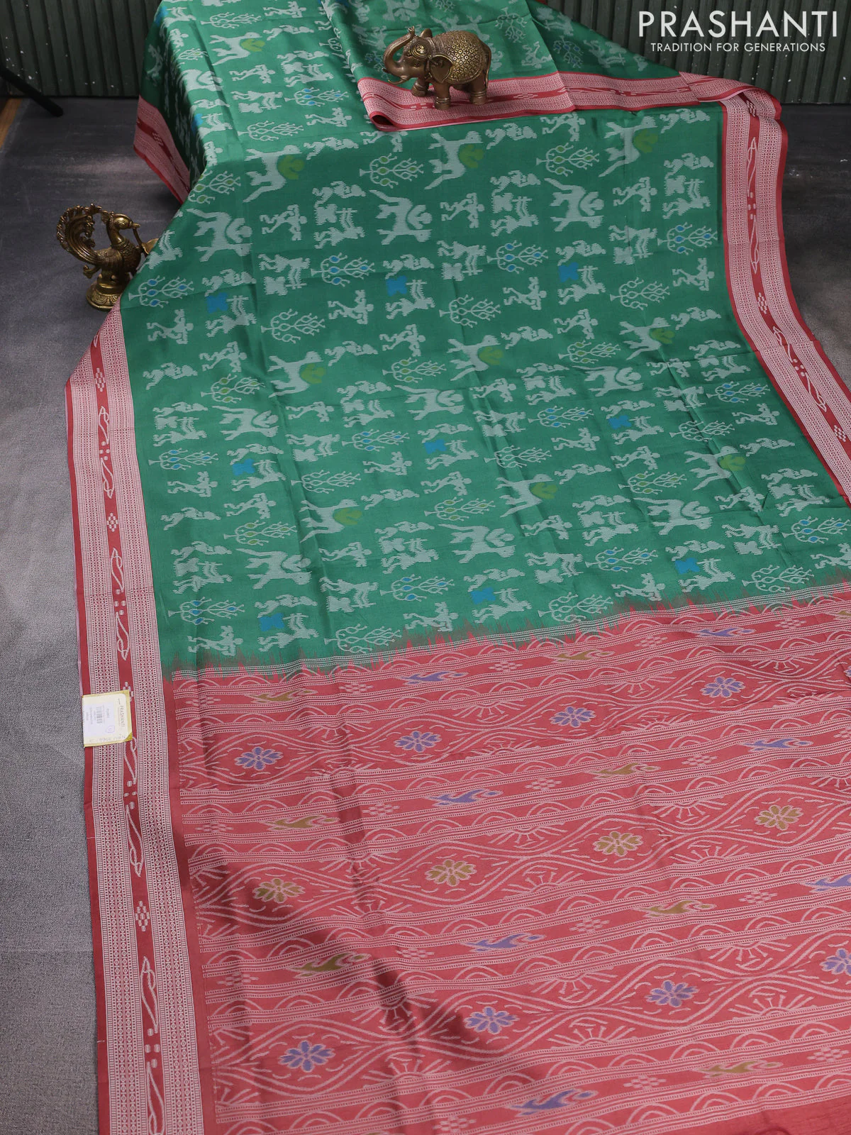 Sambalpuri semi silk saree green and rust shade with allover warli ikat weaves and thread woven border - Image 2