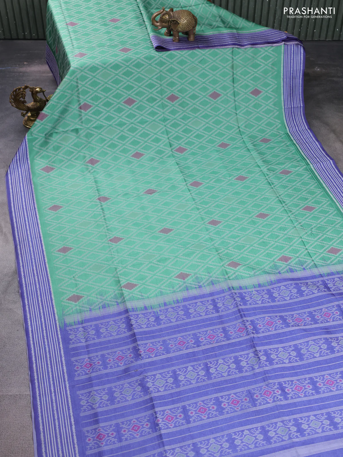 Sambalpuri semi silk saree green and violet with allover ikat weaves and thread woven border - Image 2