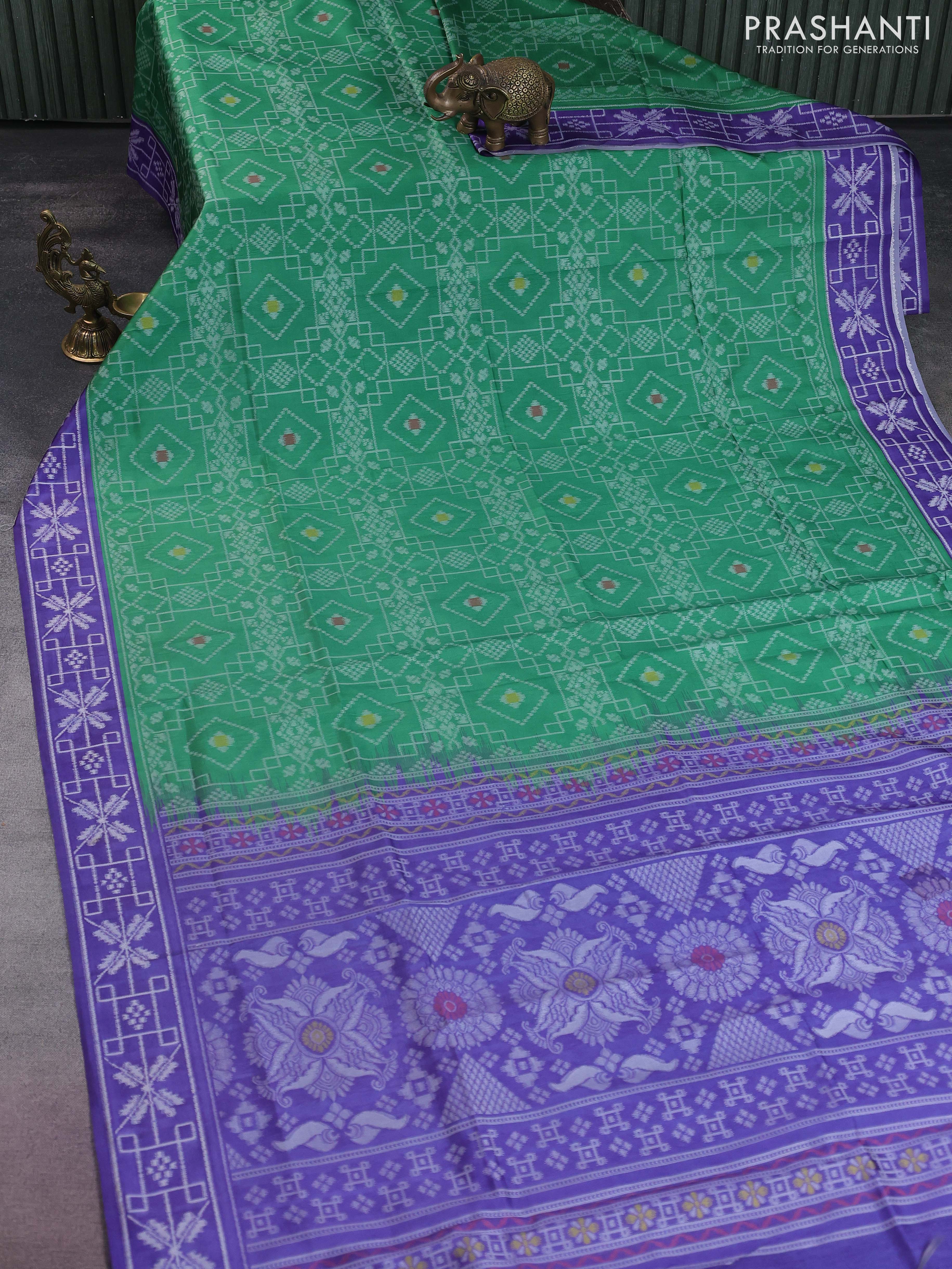 Sambalpuri semi silk saree green and violet with allover ikat weaves and thread woven border - Image 2