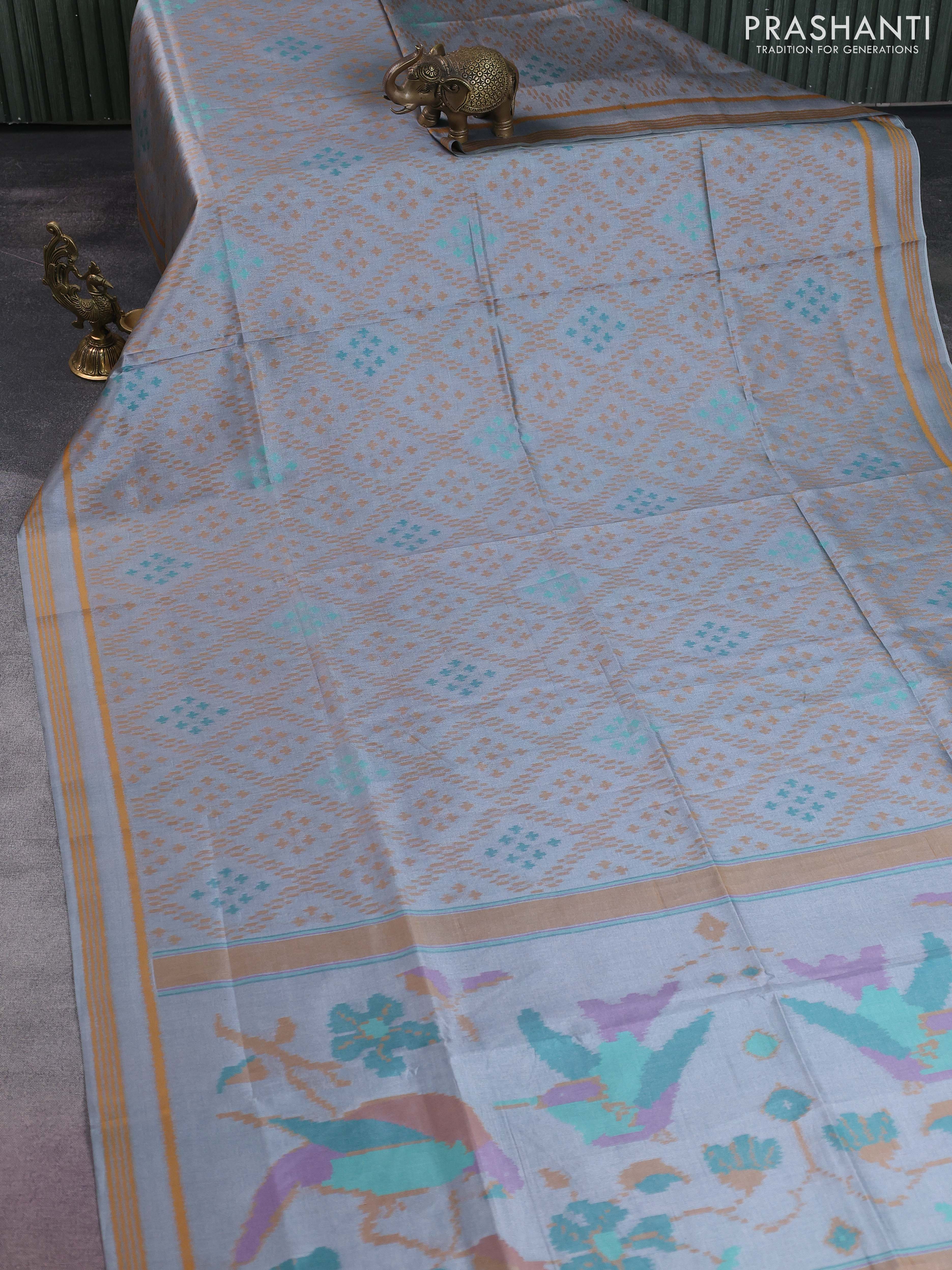 Sambalpuri semi silk saree grey and dark mustard with allover ikat weaves and rettapet thread woven border - Image 2