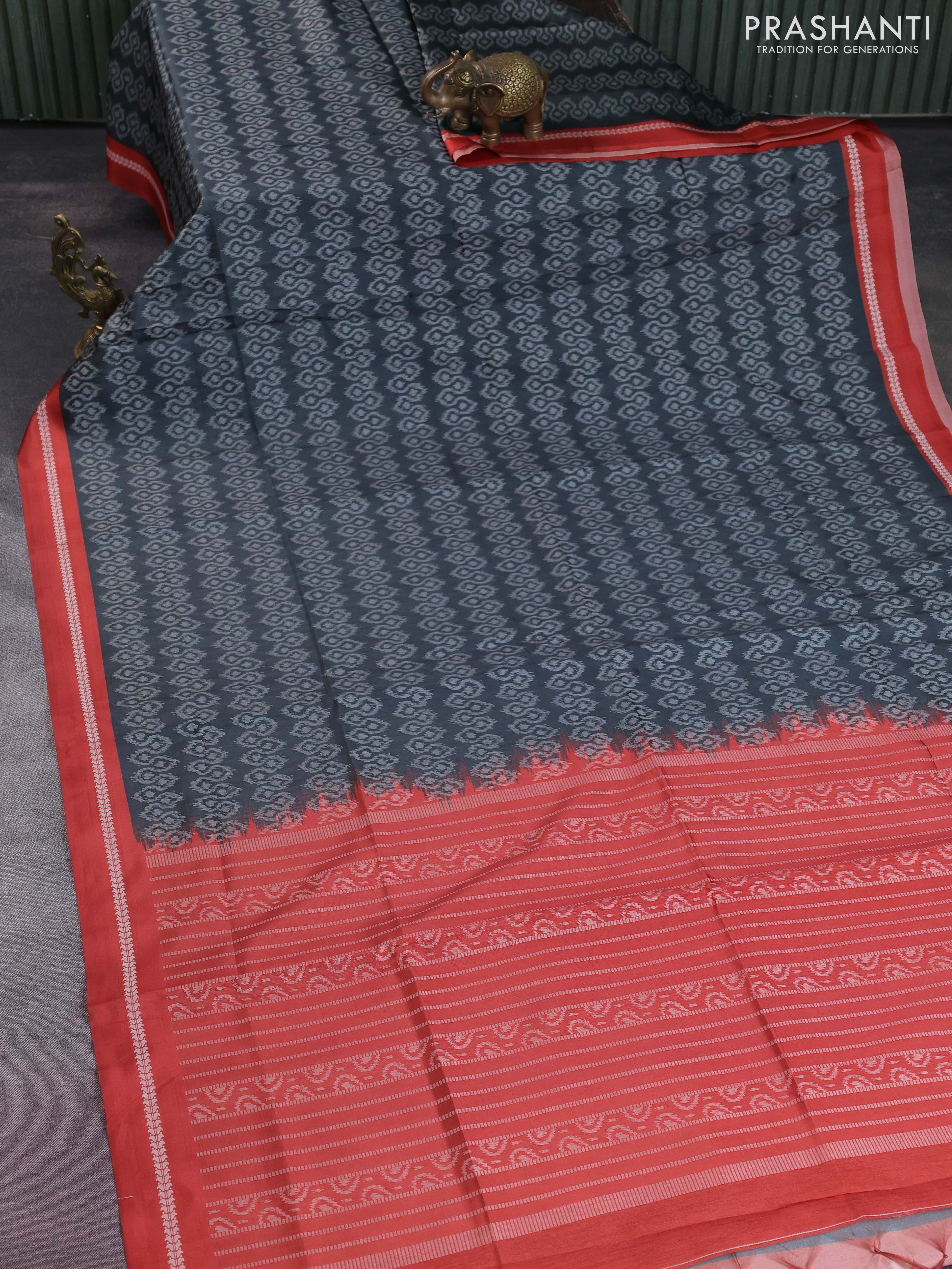 Sambalpuri semi silk saree greyish green and red shade with allover ikat weaves and thread woven border - Image 2