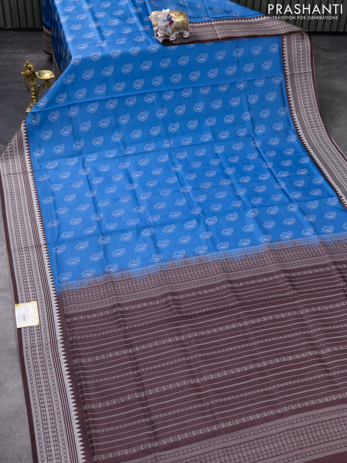 Sambalpuri semi silk saree light blue and coffee brown with allover thread woven ikat buttas and thread woven border - Image 2
