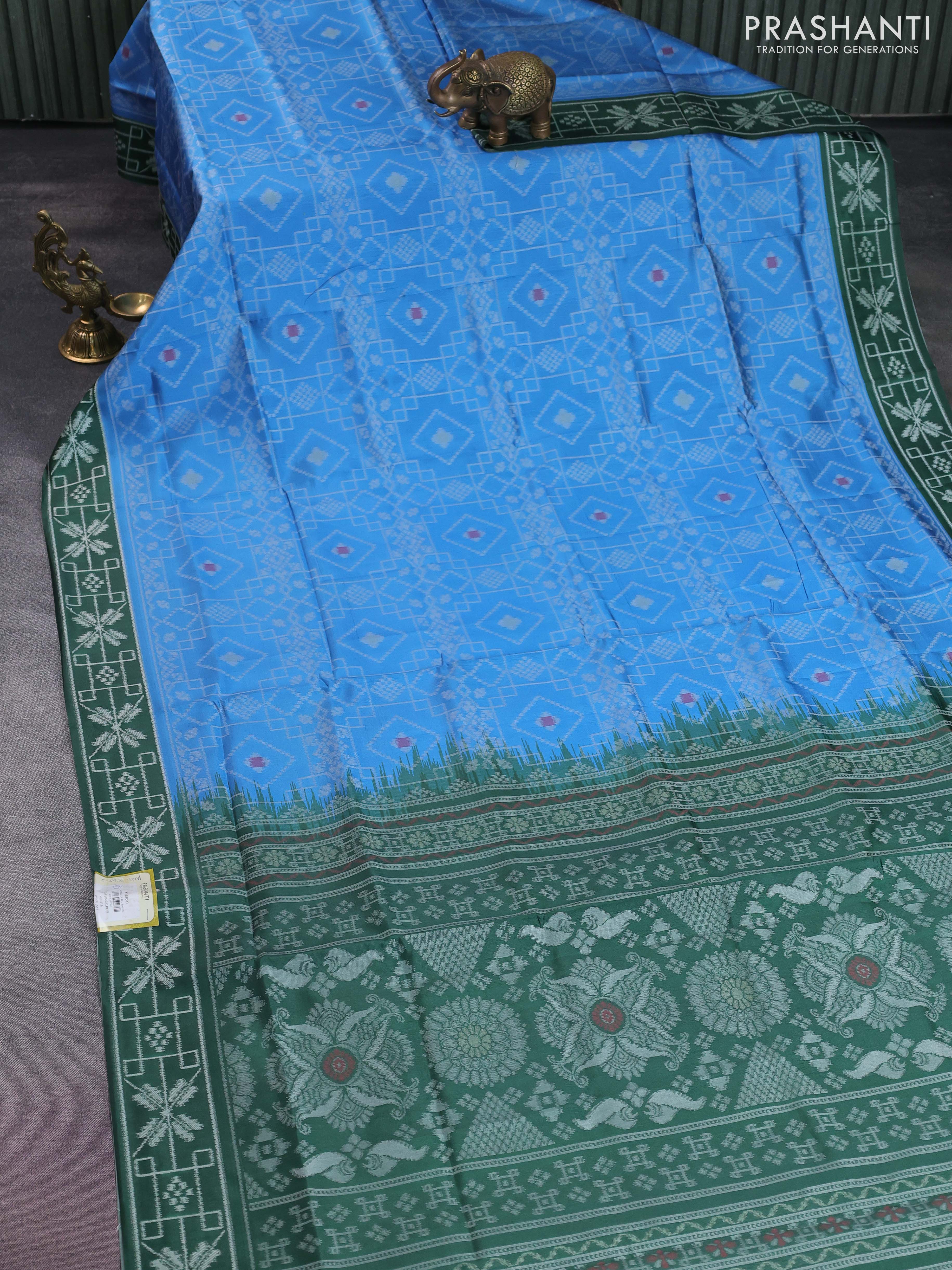 Sambalpuri semi silk saree light blue and green with allover ikat weaves and thread woven border - Image 2