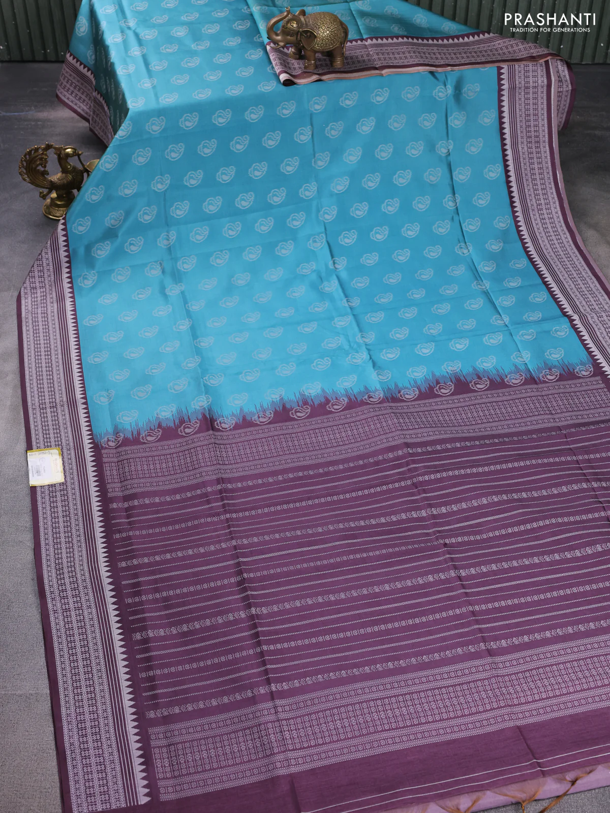 Sambalpuri semi silk saree light blue and wine shade with paisley butta weaves and thread woven border - Image 2