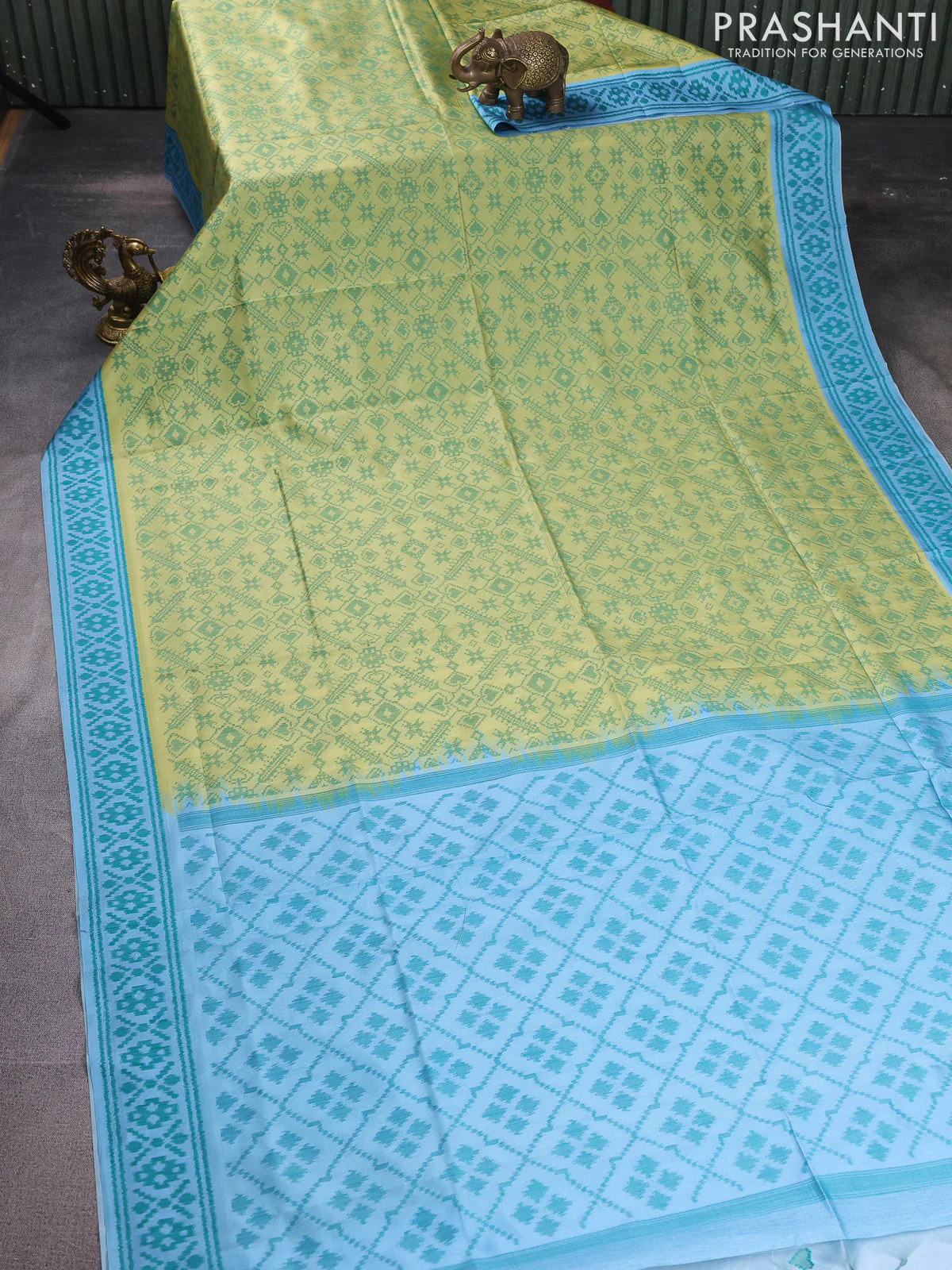 Sambalpuri semi silk saree lime yellow and light blue with allover ikat weaves and thread woven border - Image 2