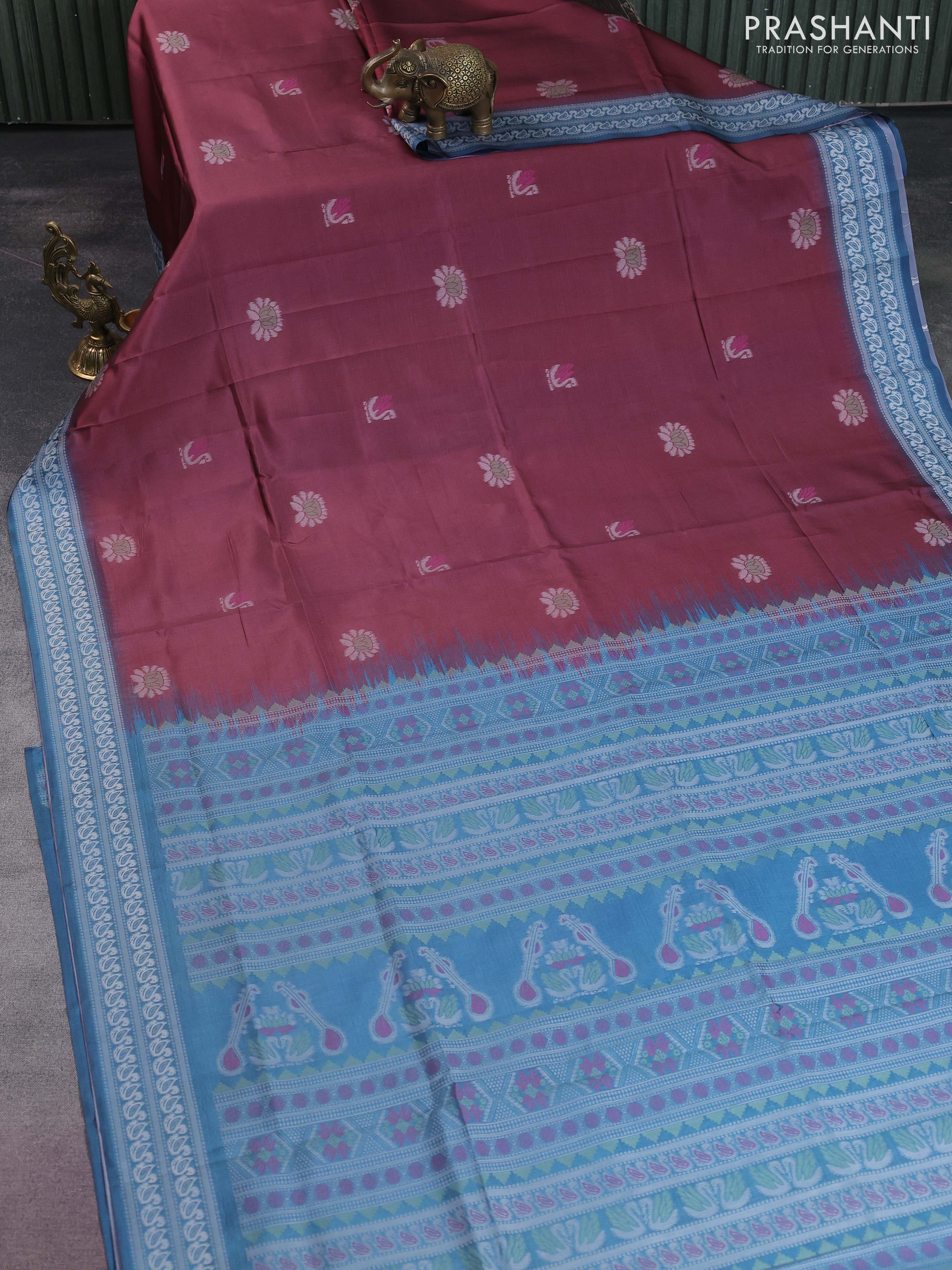 Sambalpuri semi silk saree maroon and blue shade with allover ikat butta weaves and thread woven border - Image 2