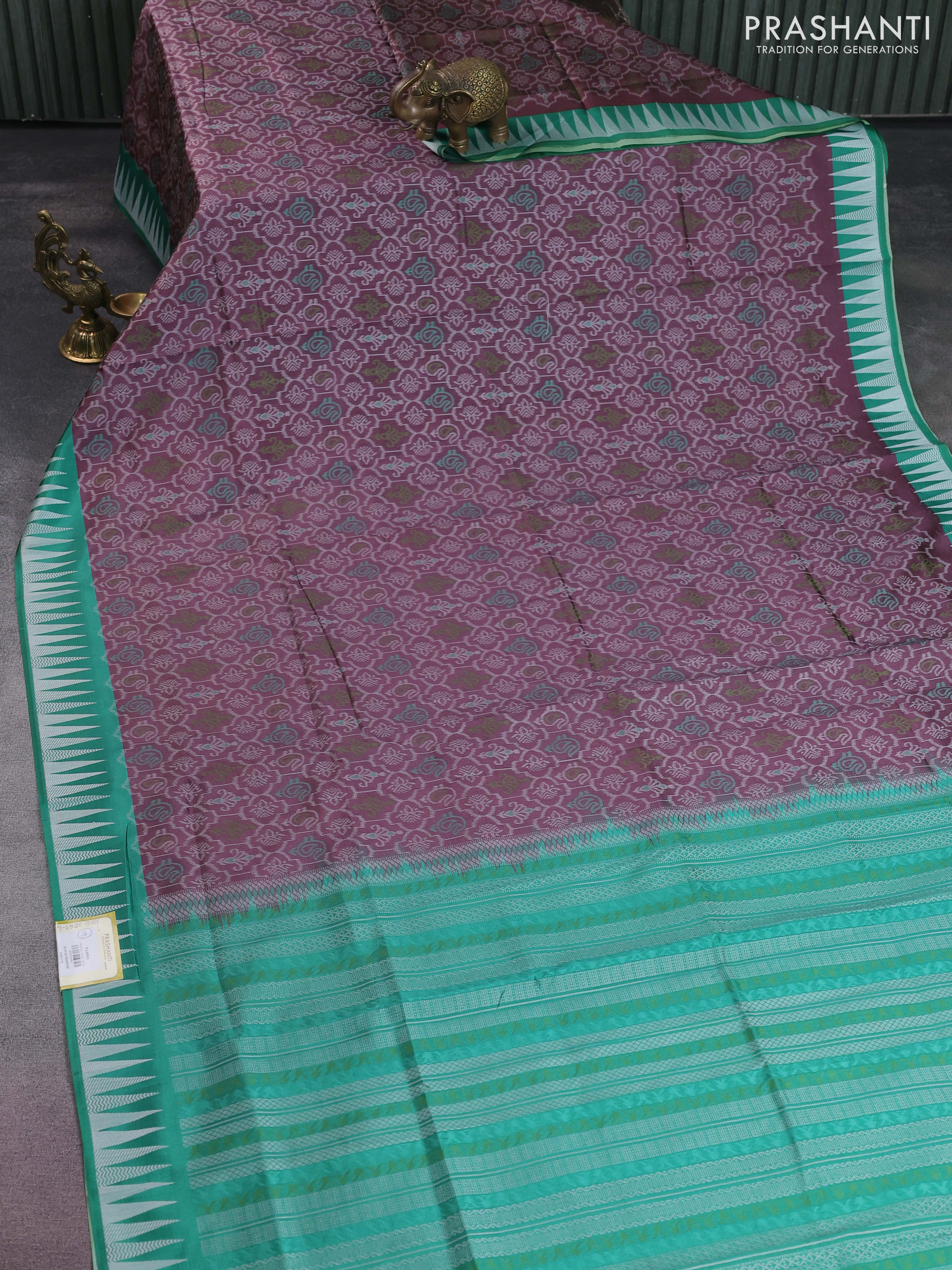 Sambalpuri semi silk saree mauve pink and green with allover ikat weaves and thread woven border - Image 2