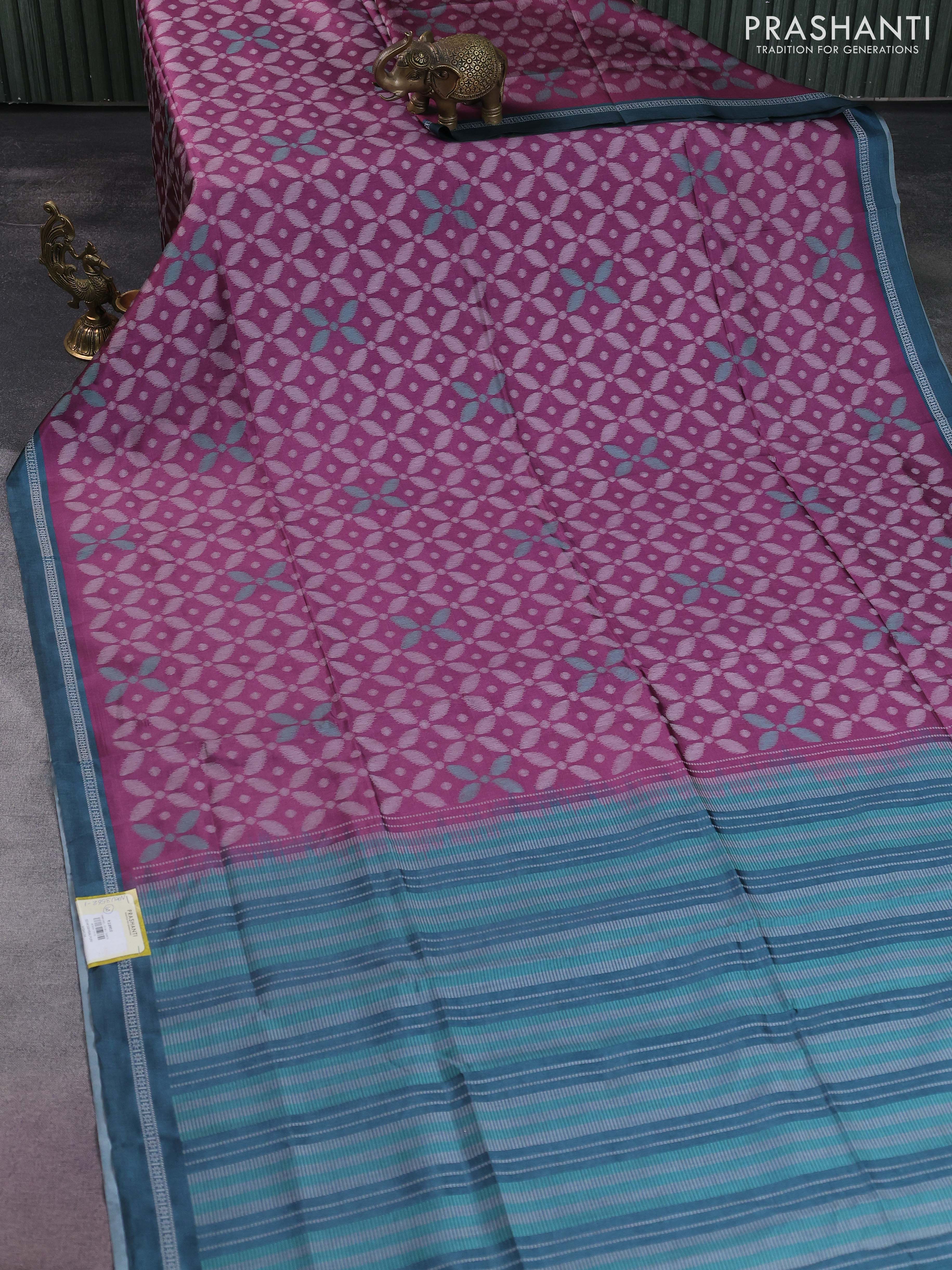 Sambalpuri semi silk saree mauve pink and peacock green with allover ikat weaves and thread woven border - Image 2
