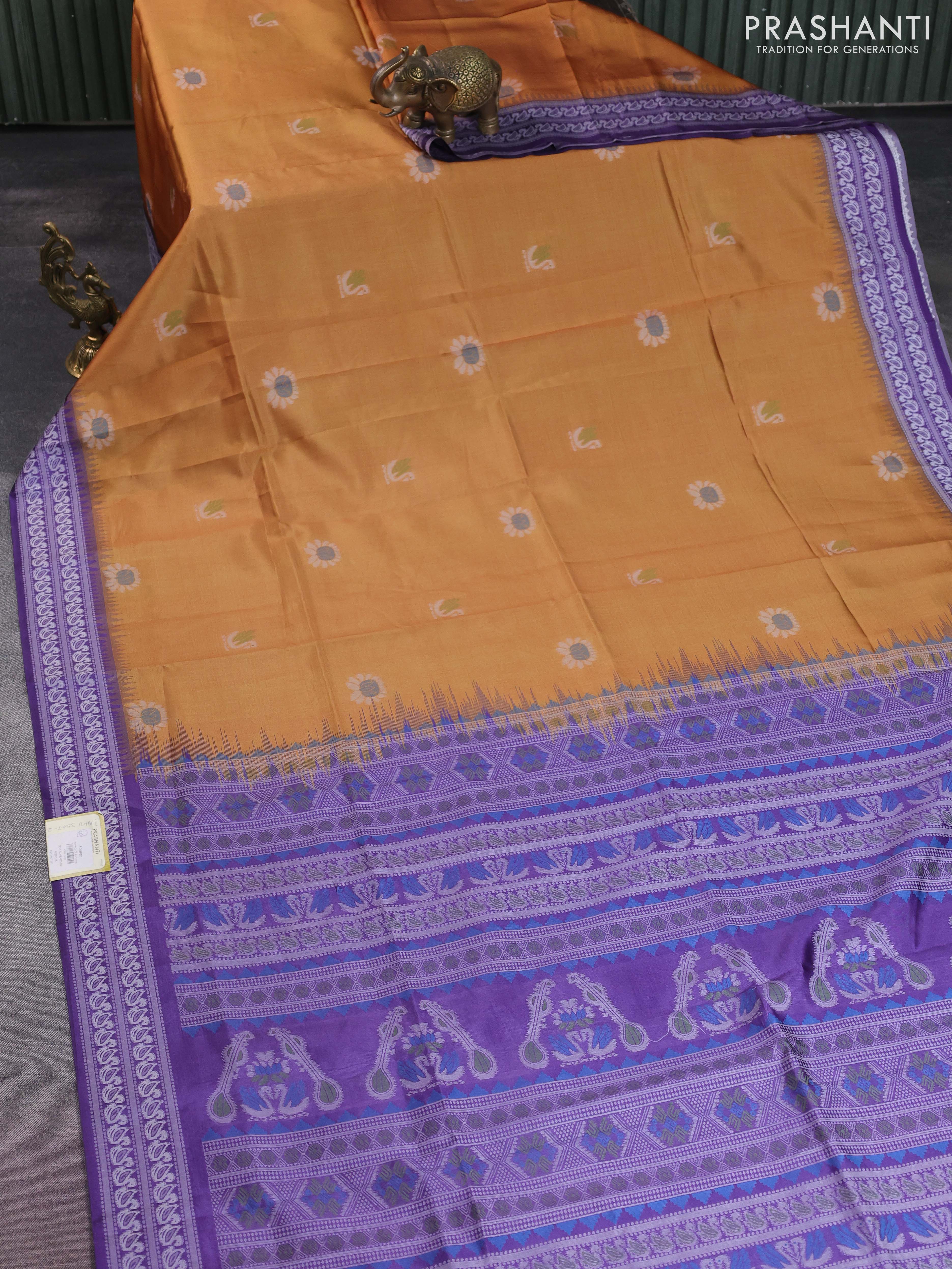 Sambalpuri semi silk saree mustard yellow and violet with allover ikat butta weaves and thread woven border - Image 2