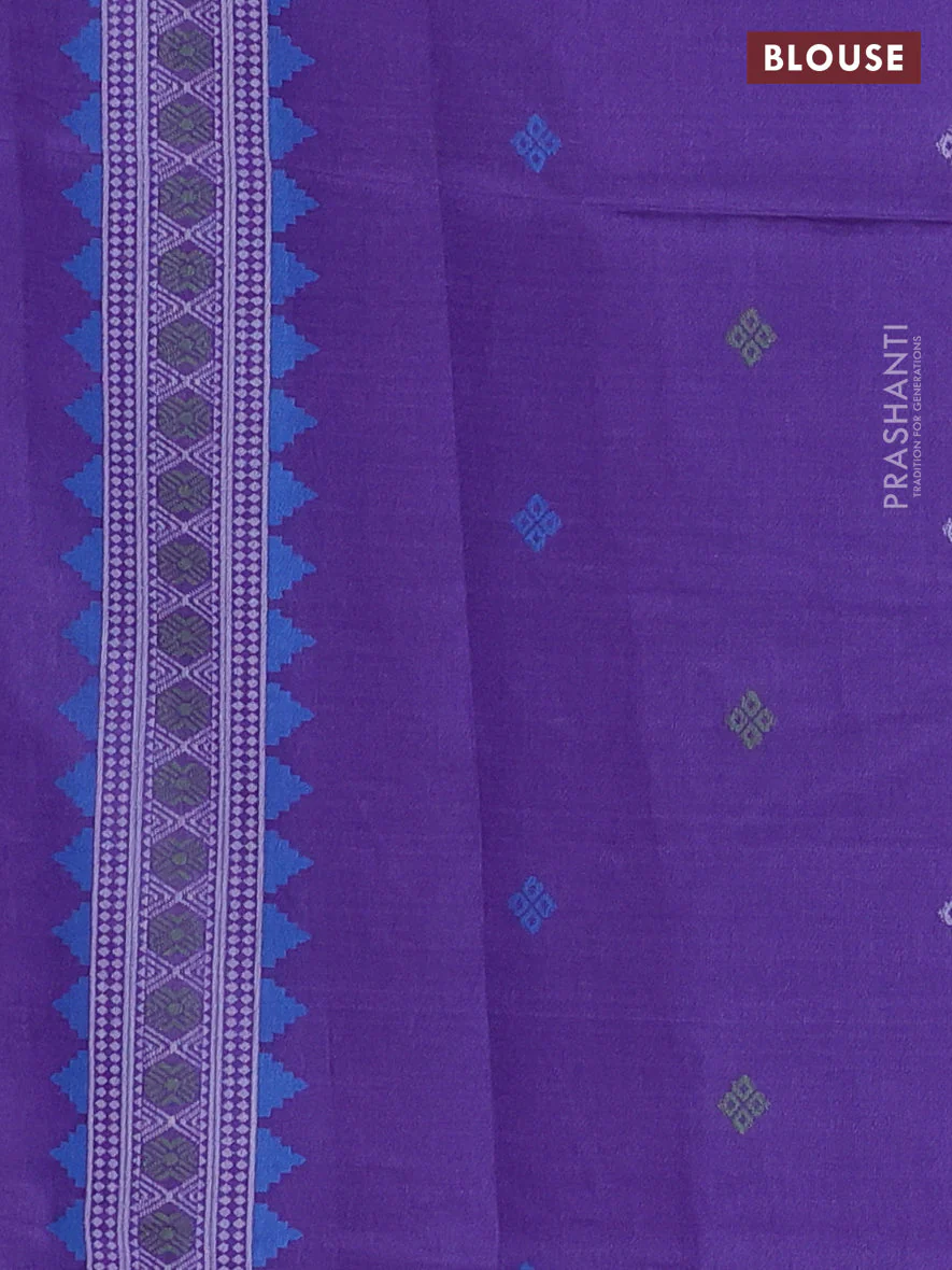 Sambalpuri semi silk saree mustard yellow and violet with allover ikat butta weaves and thread woven border - Image 3