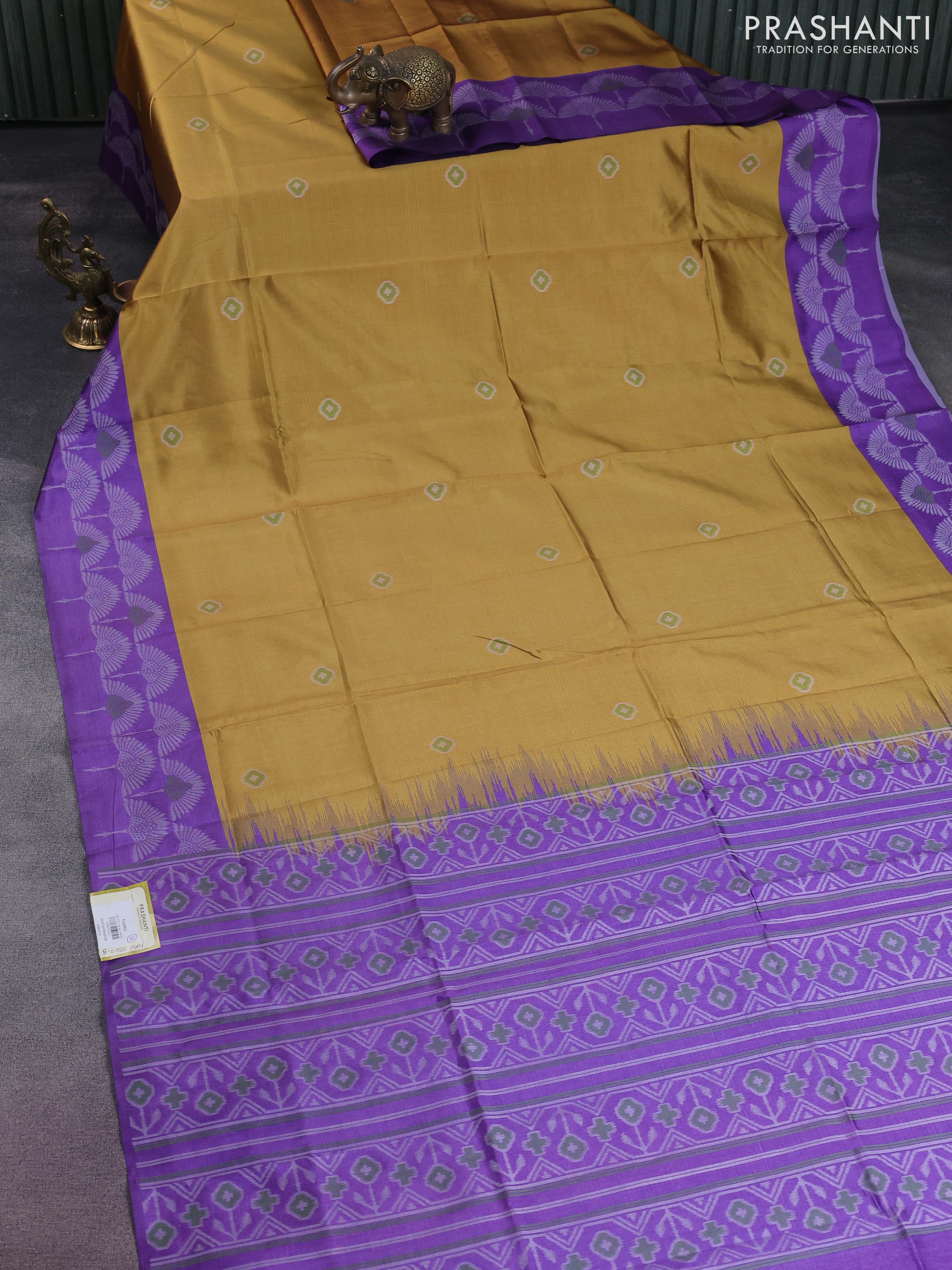Sambalpuri semi silk saree mustard yellow and violet with allover ikat butta weaves and thread woven border - Image 2