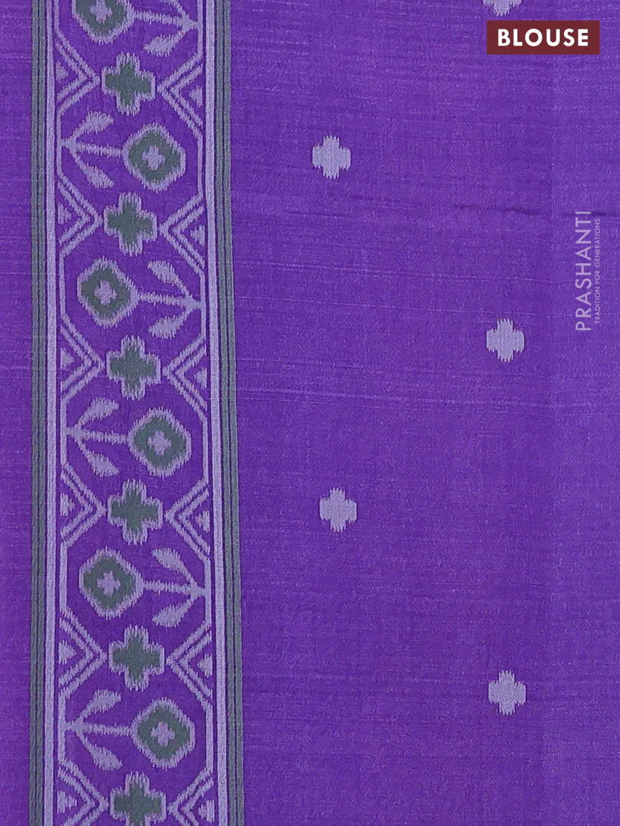 Sambalpuri semi silk saree mustard yellow and violet with allover ikat butta weaves and thread woven border - Image 3
