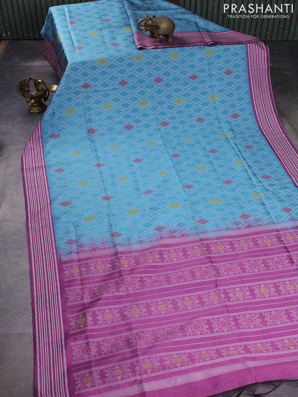 Sambalpuri semi silk saree pastel blue and magenta pink with allover ikat weaves and thread woven border - Image 2
