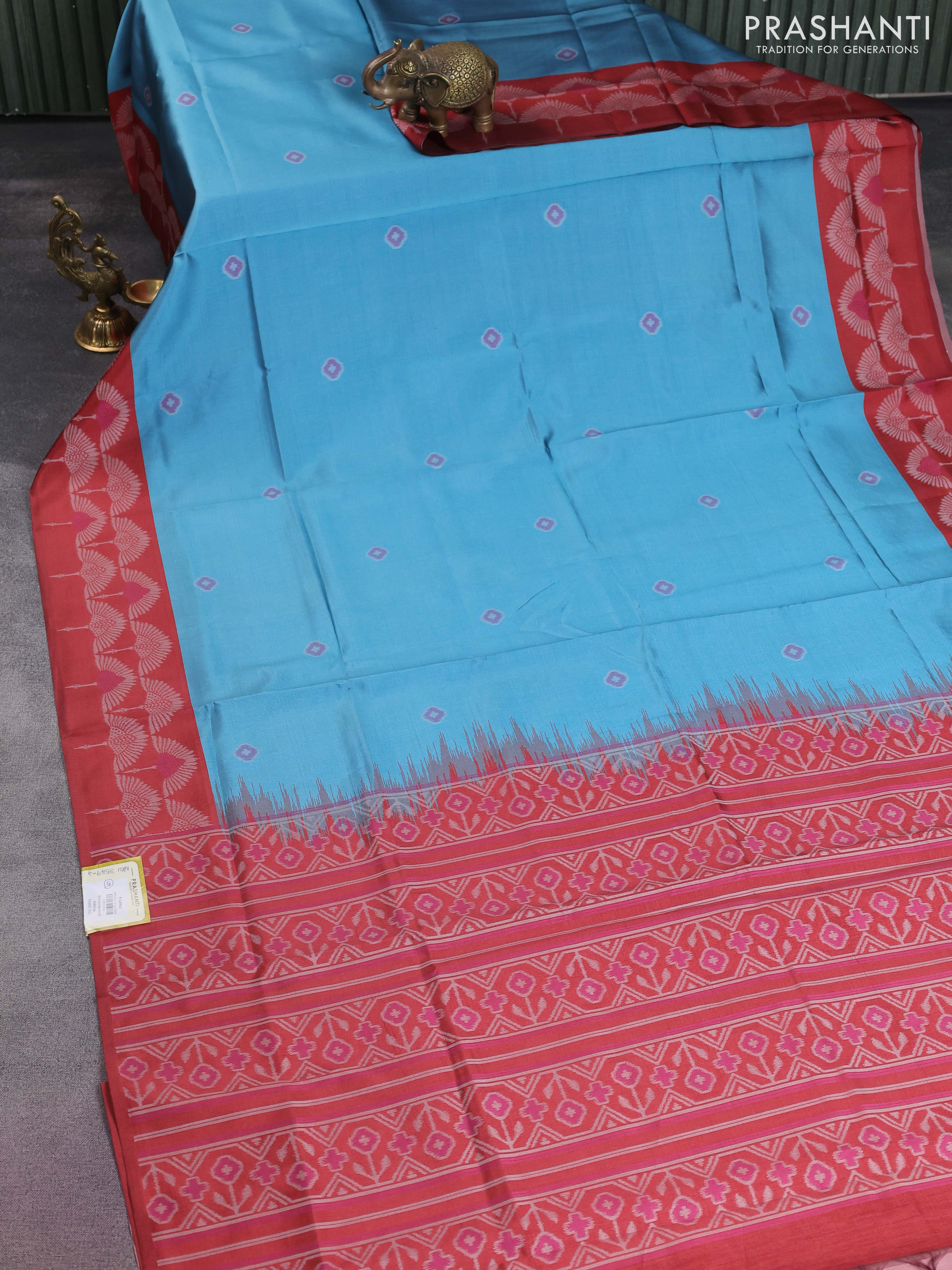 Sambalpuri semi silk saree pastel blue and maroon with allover ikat butta weaves and thread woven border - Image 2