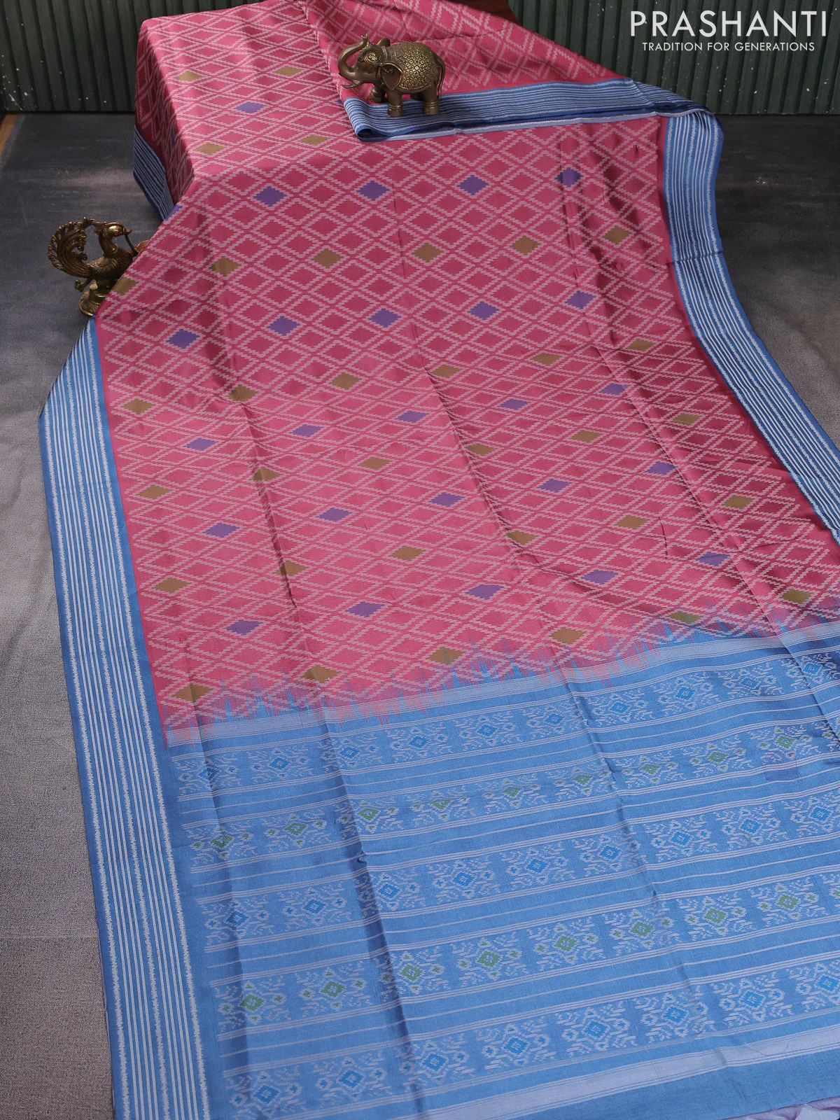 Sambalpuri semi silk saree peach pink and blue shade with allover ikat weaves and thread woven border - Image 2