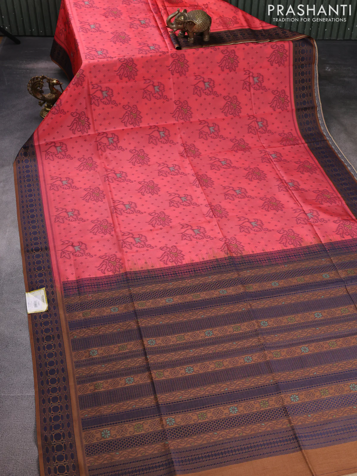 Sambalpuri semi silk saree peach pink and dark sandal with allover ikat weaves and thread woven border - Image 2