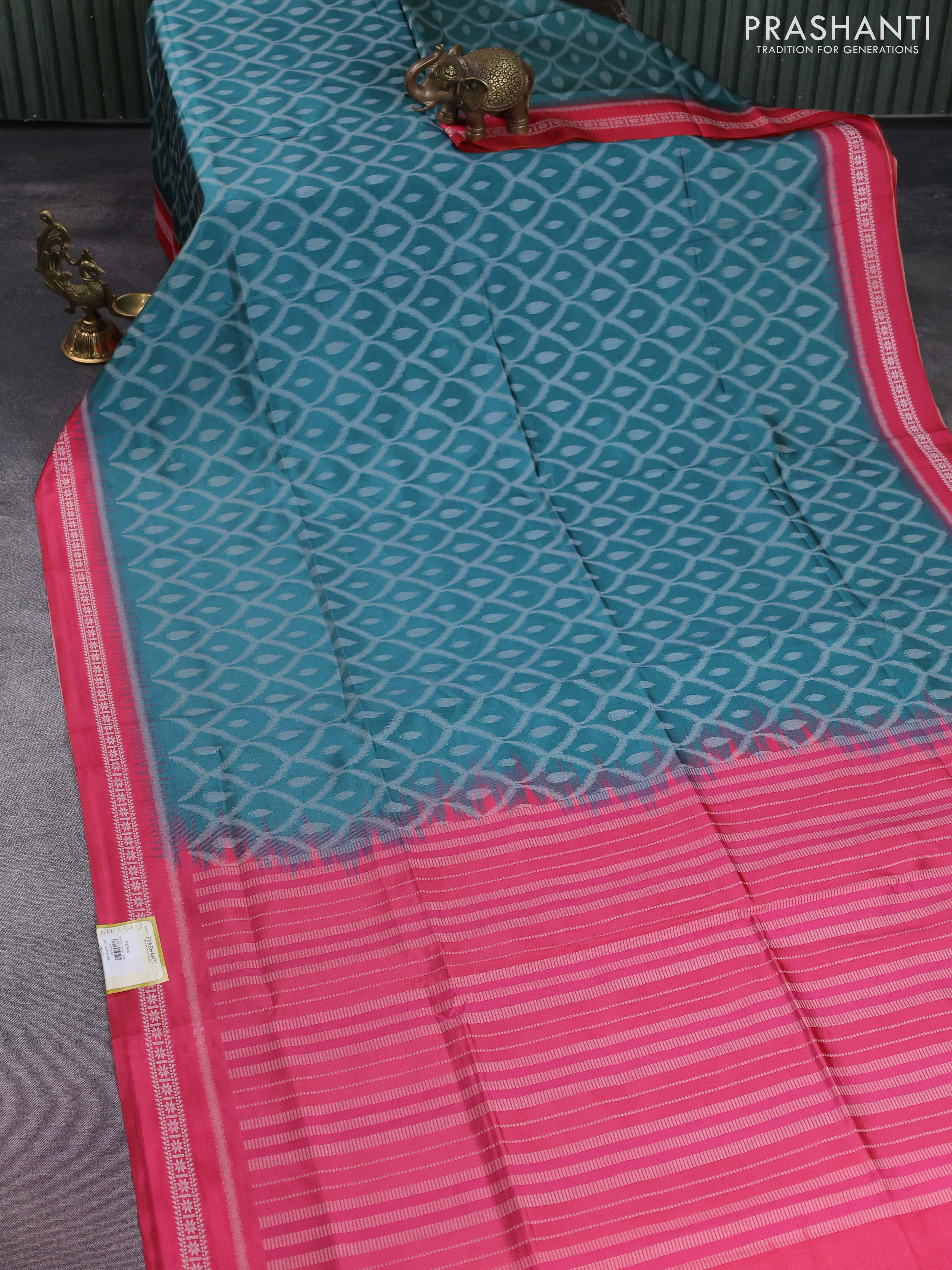 Sambalpuri semi silk saree peacock green and pink with allover ikat weaves and thread woven border - Image 2