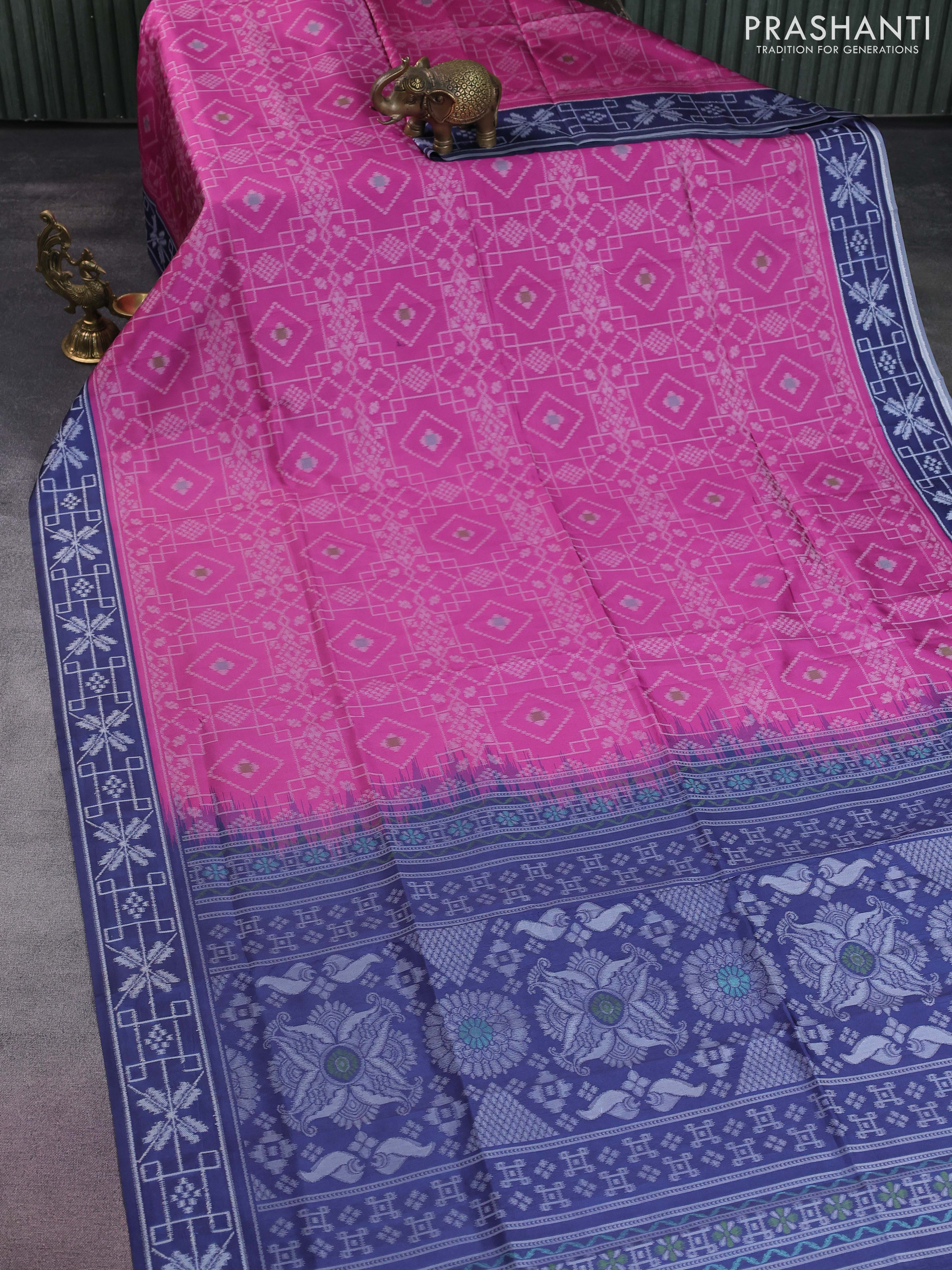 Sambalpuri semi silk saree pink and dark blue with allover ikat weaves and thread woven border - Image 2