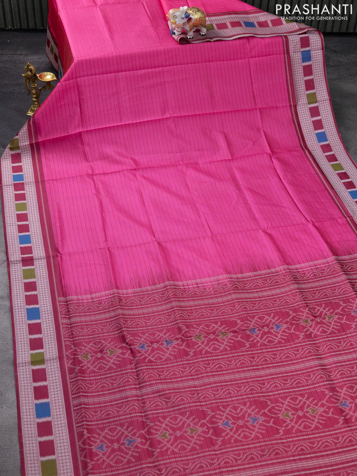 Sambalpuri semi silk saree pink and dark pink with allover stripe pattern and thread woven border - Image 2