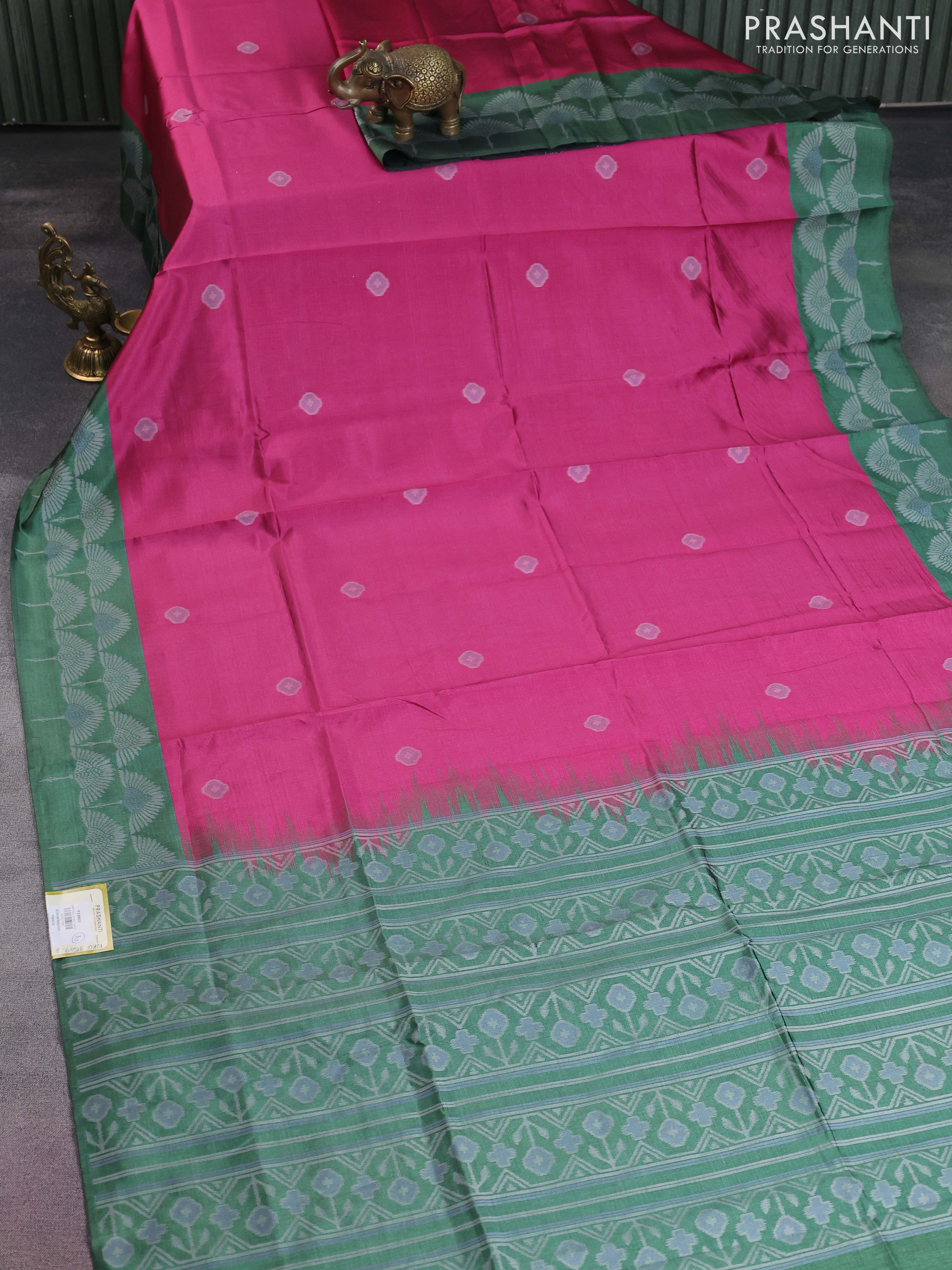 Sambalpuri semi silk saree pink and green with allover ikat butta weaves and thread woven border - Image 2