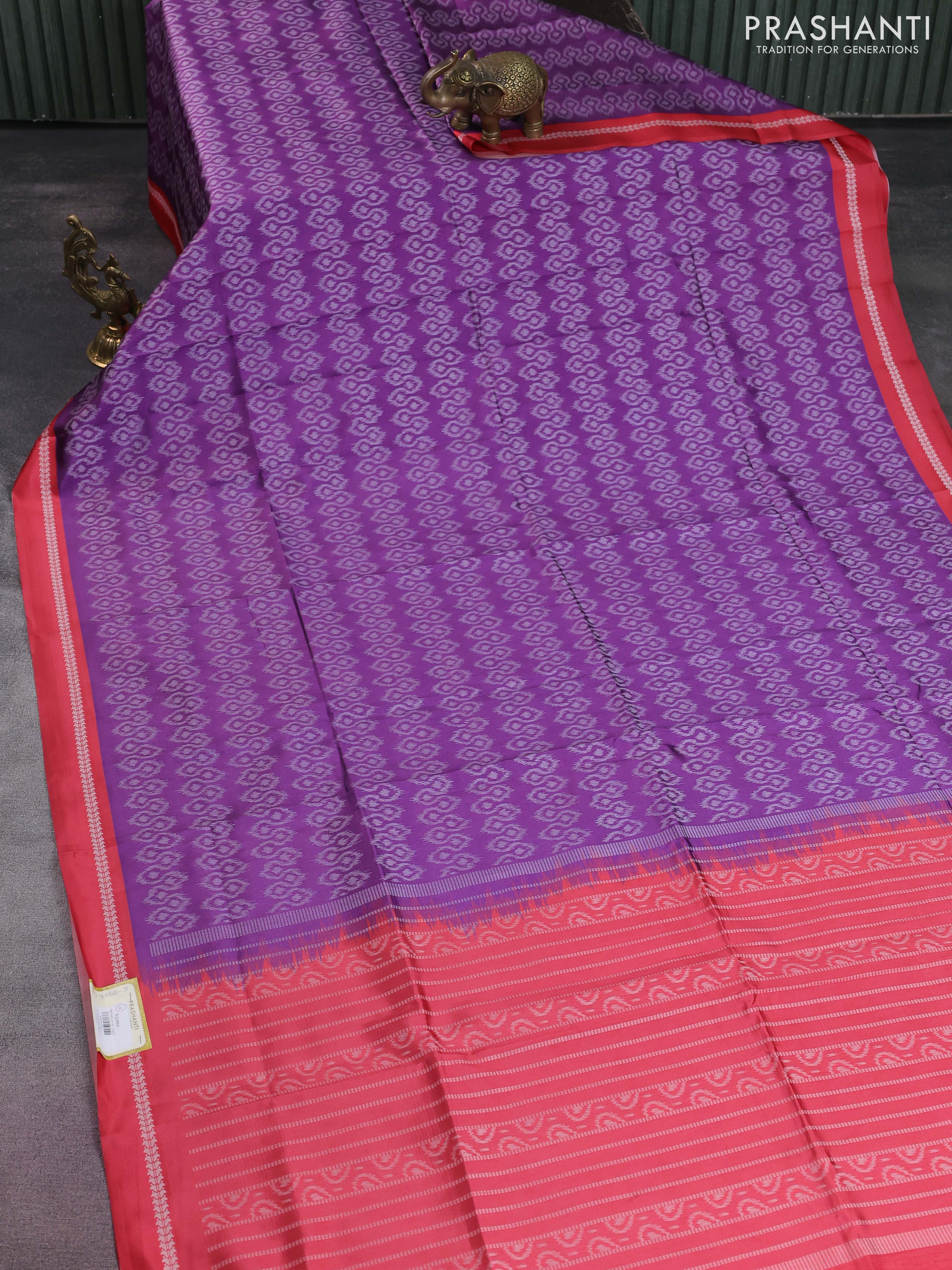 Sambalpuri semi silk saree purple and red with allover ikat weaves and thread woven border - Image 2