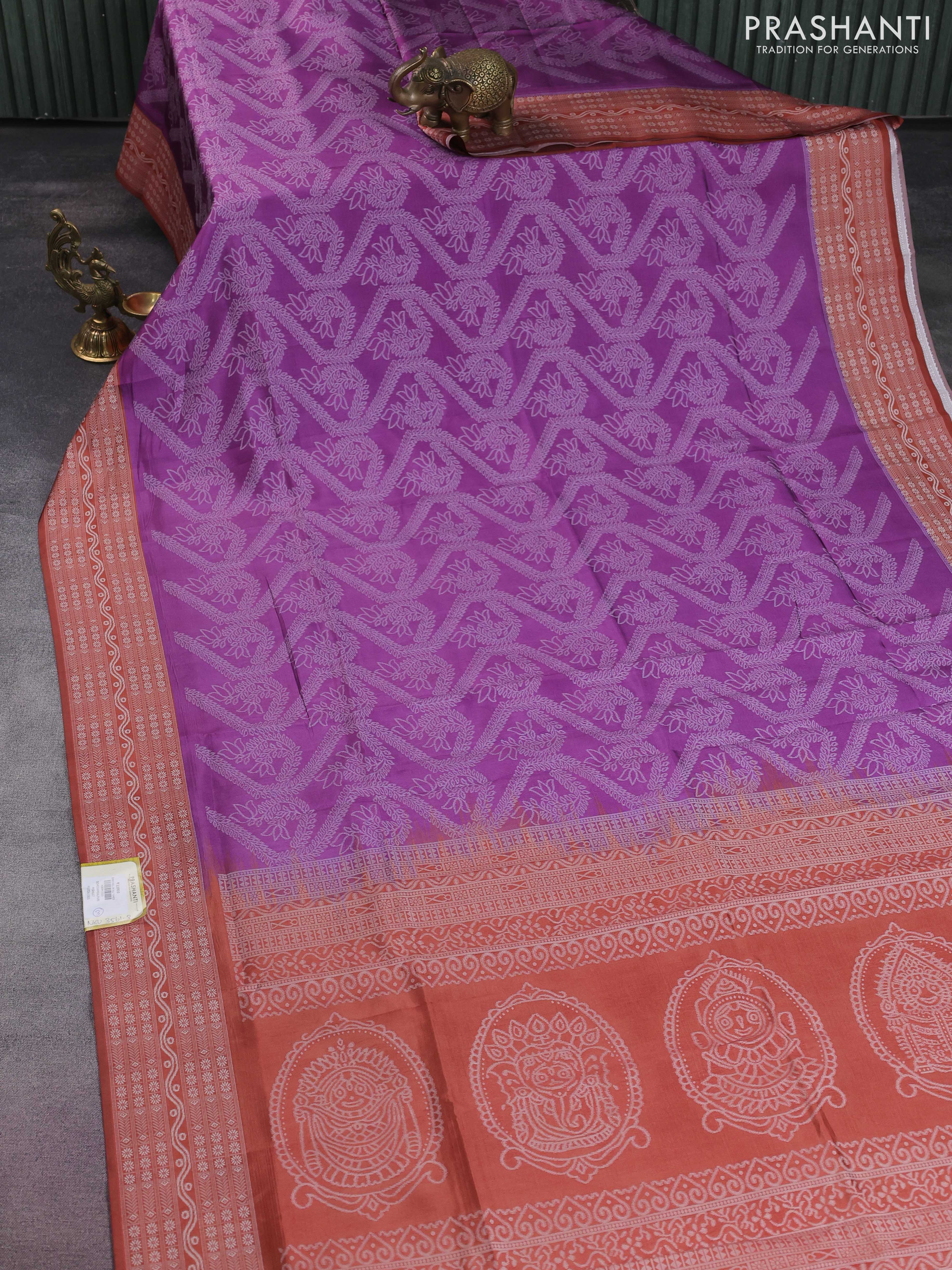 Sambalpuri semi silk saree purple and rustic orange with allover ikat weaves and thread woven border - Image 2