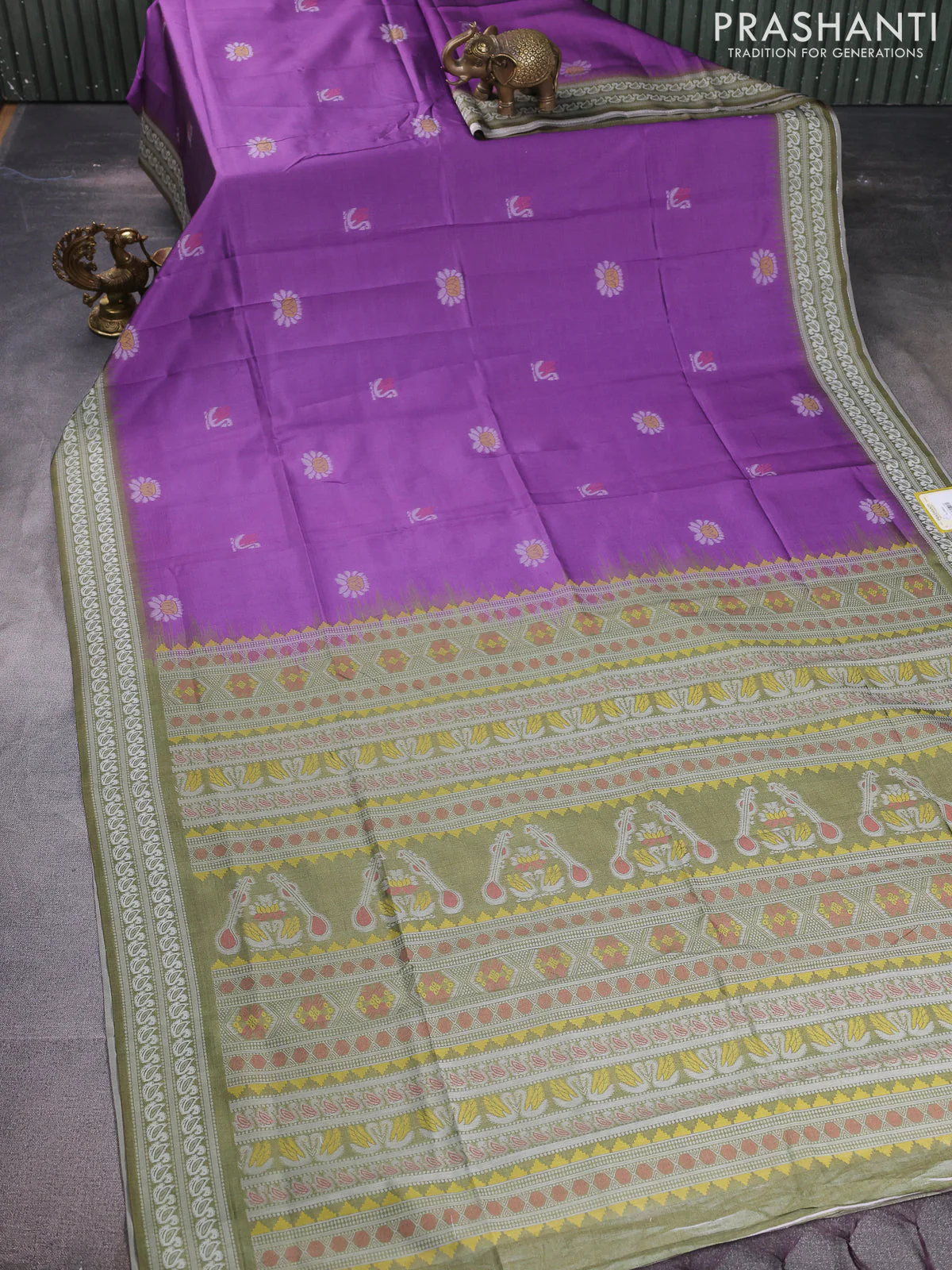 Sambalpuri semi silk saree purple and sap green with allover ikat butta weaves and thread woven border - Image 2