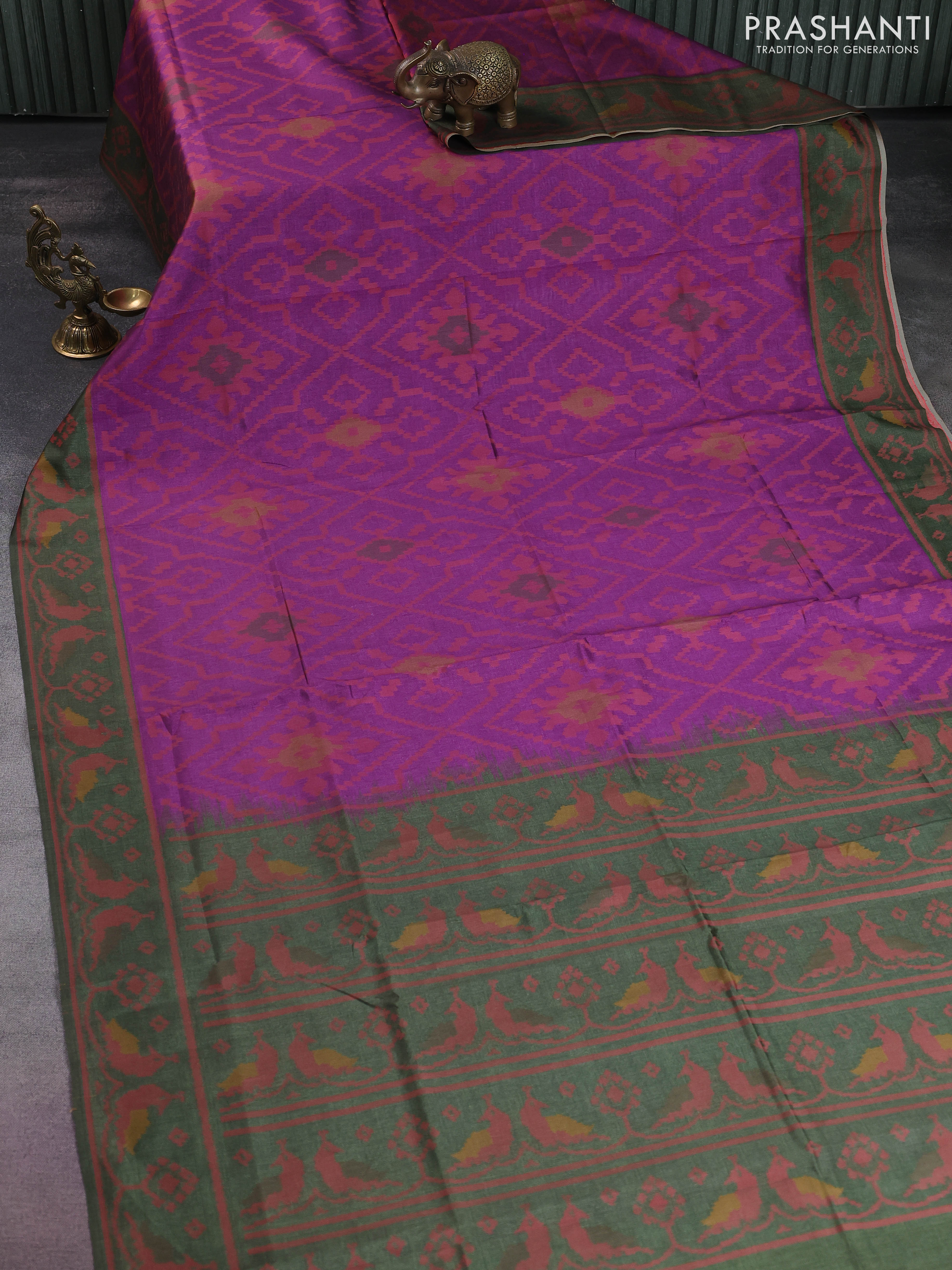 Sambalpuri semi silk saree purple and sap green with allover ikat weaves and thread woven border - Image 2