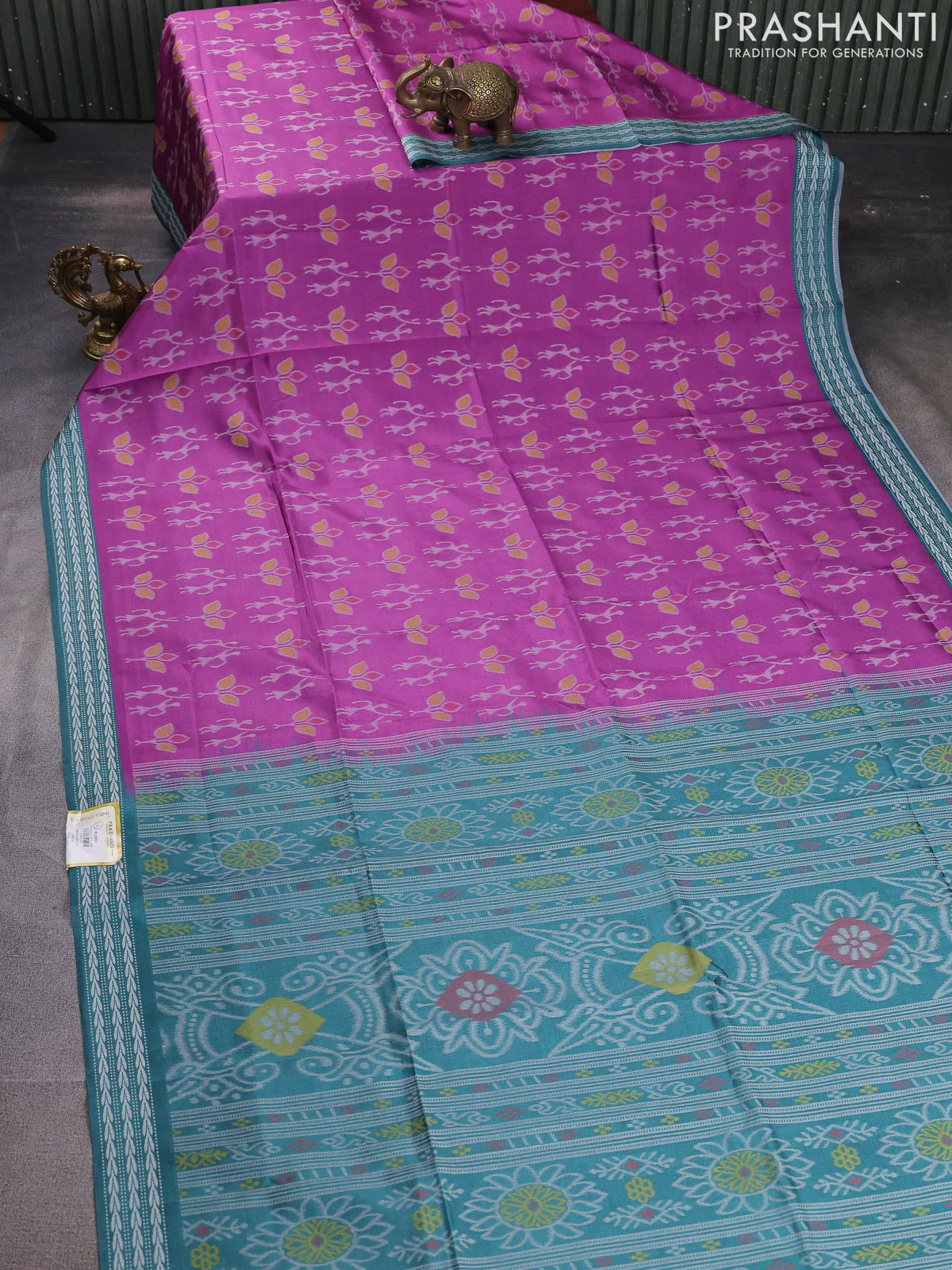 Sambalpuri semi silk saree purple and teal green with allover ikat weaves and thread woven border - Image 2